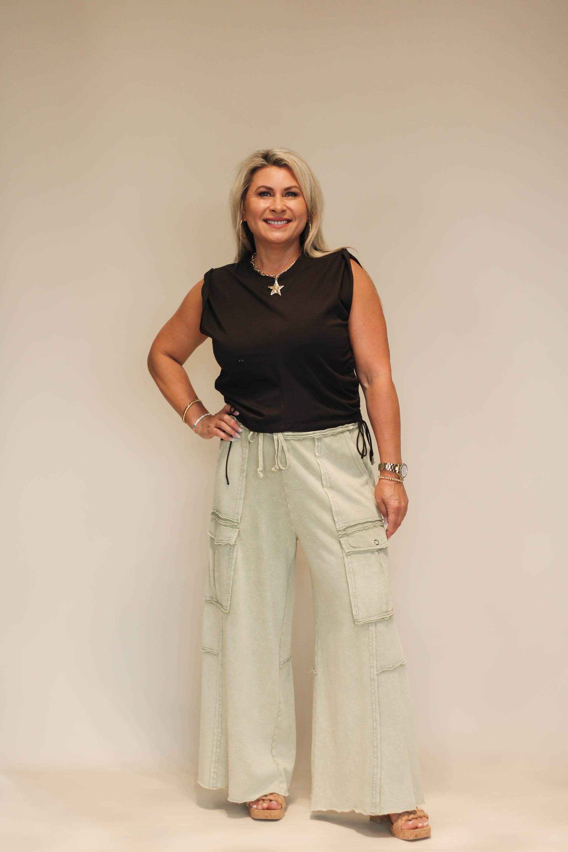 EASEL Washed Wide Leg Terry Cargo Pants