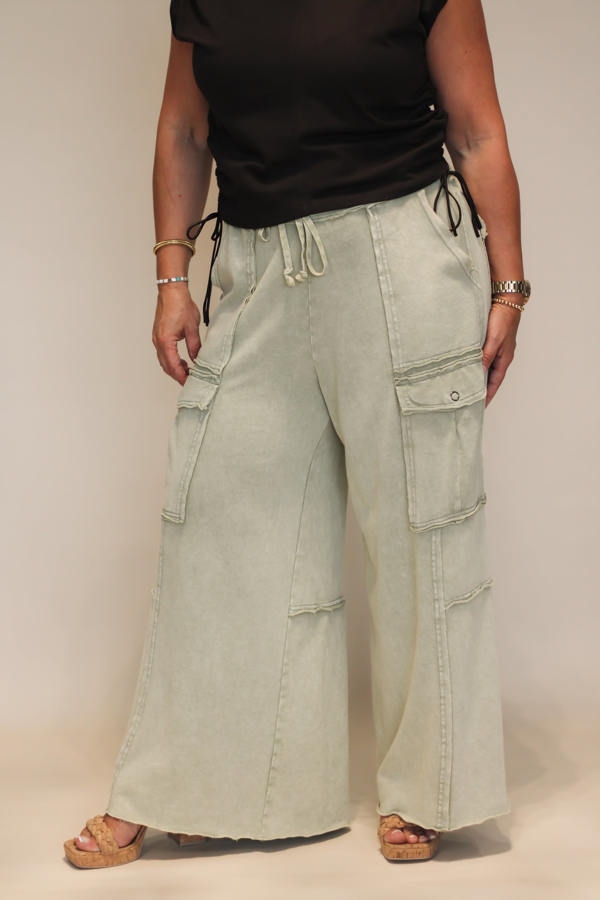 EASEL Washed Wide Leg Terry Cargo Pants