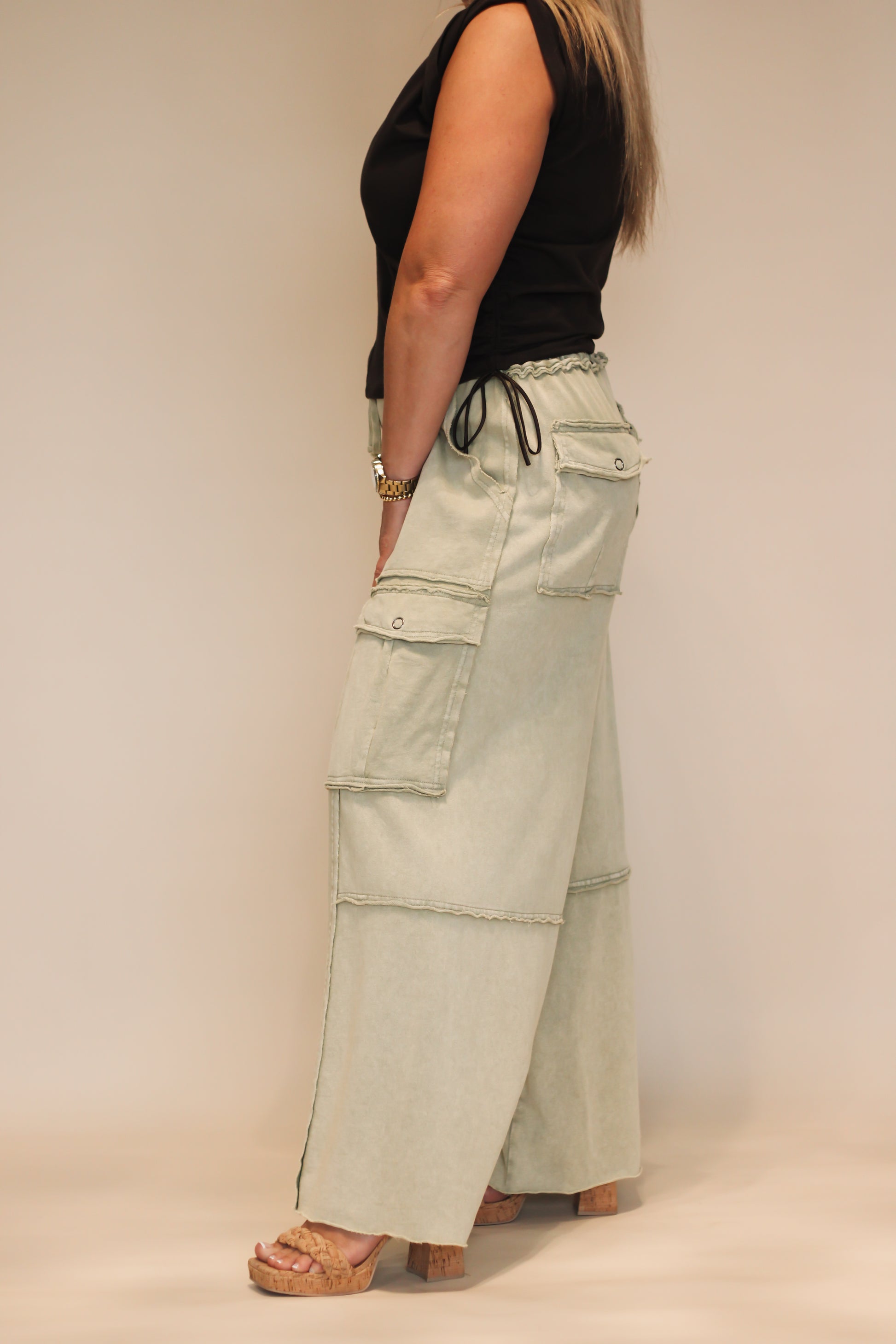 EASEL Washed Wide Leg Terry Cargo Pants