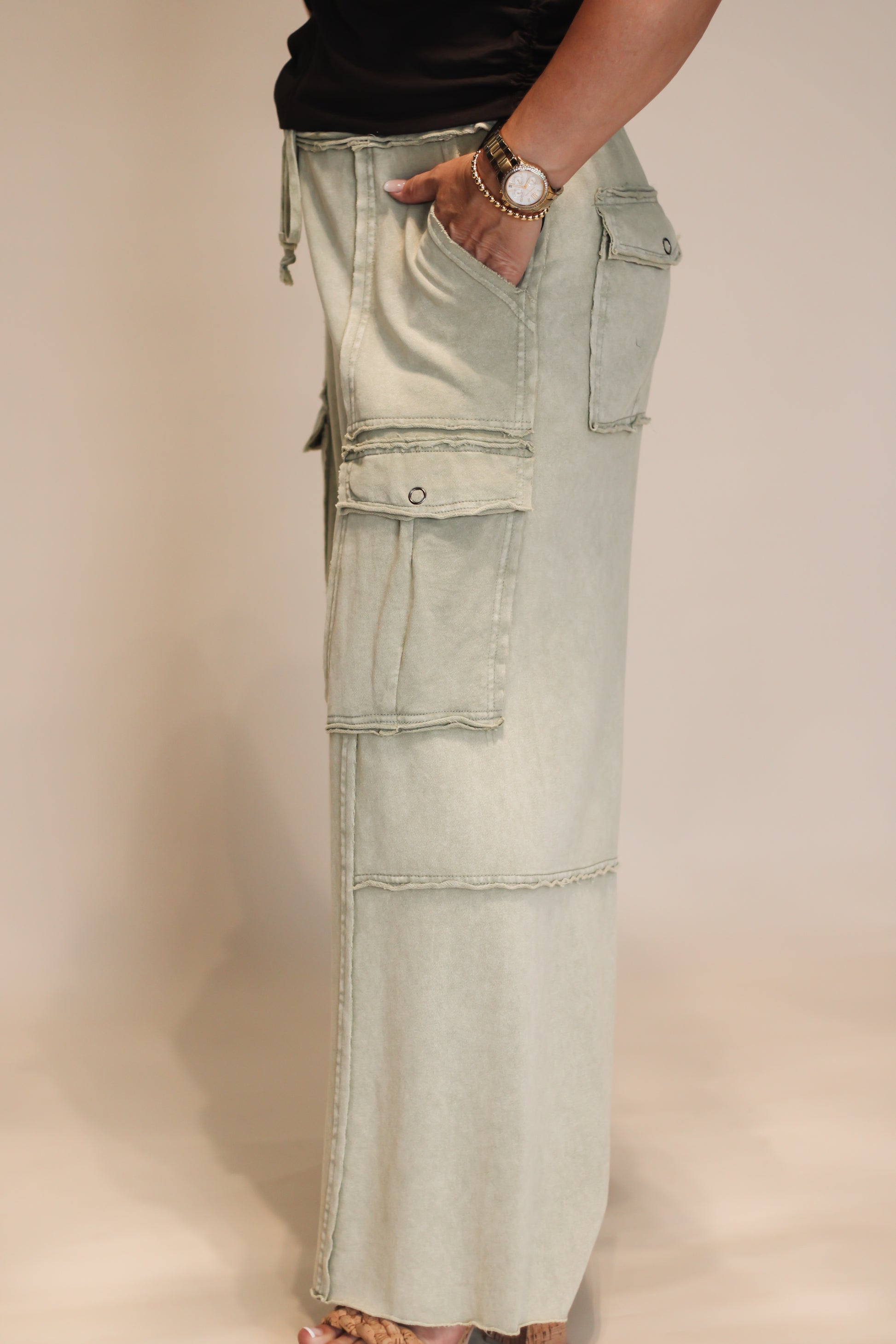 EASEL Washed Wide Leg Terry Cargo Pants
