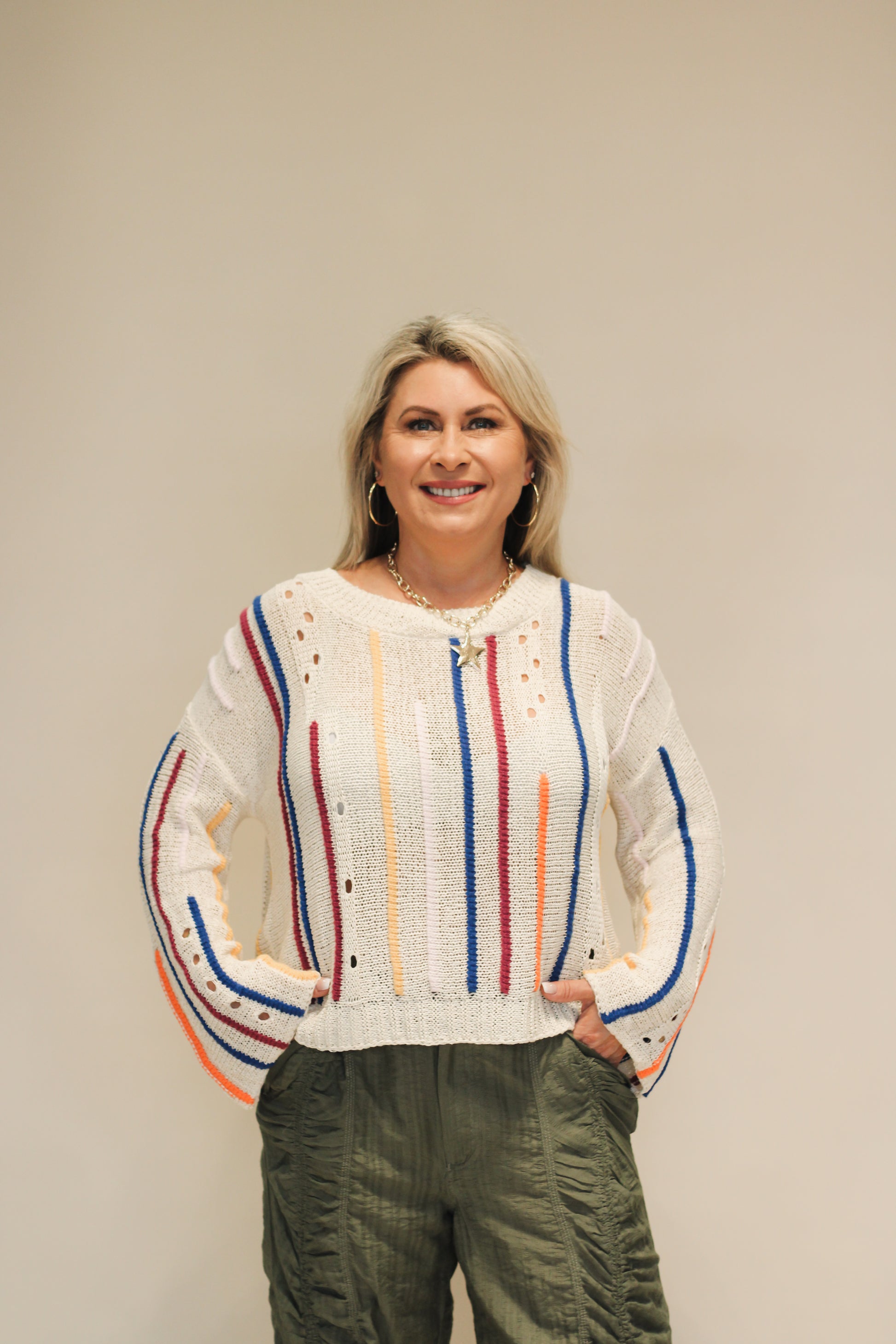 Rainbow Stitch Bell Sleeve Sweater