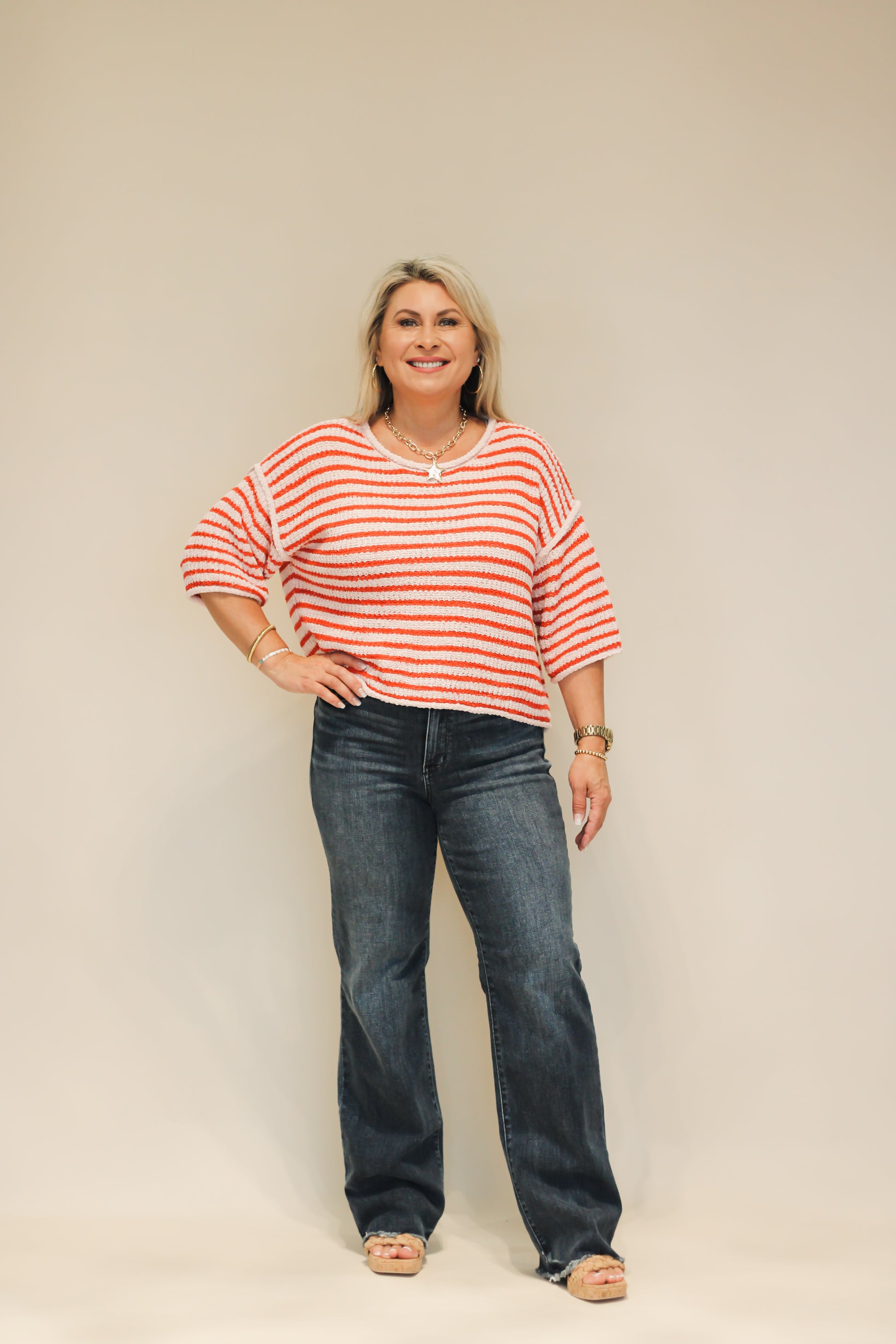 Loose Fit 3/4 Sleeve Striped Crew Neck Top