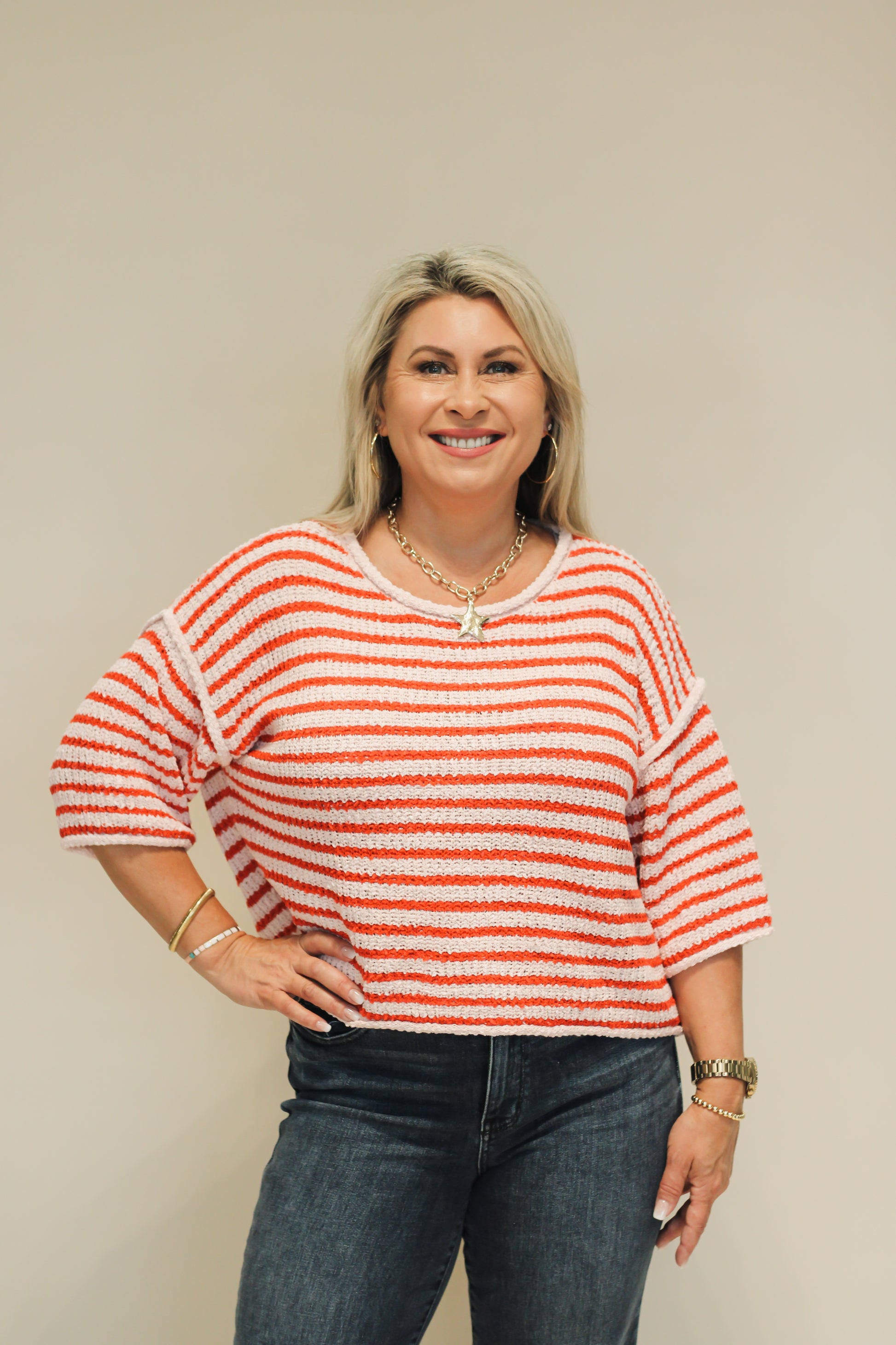 Loose Fit 3/4 Sleeve Striped Crew Neck Top