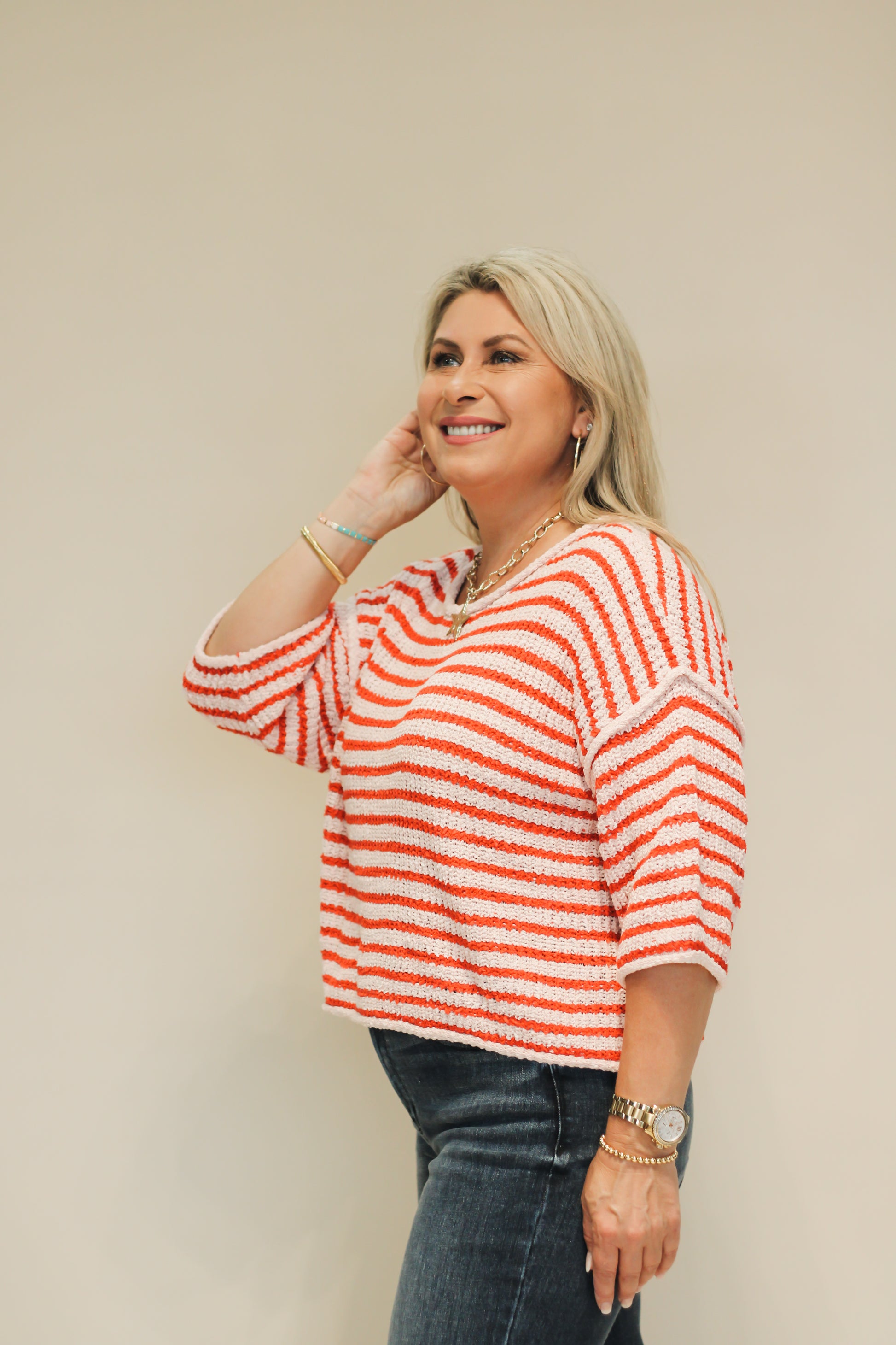 Loose Fit 3/4 Sleeve Striped Crew Neck Top