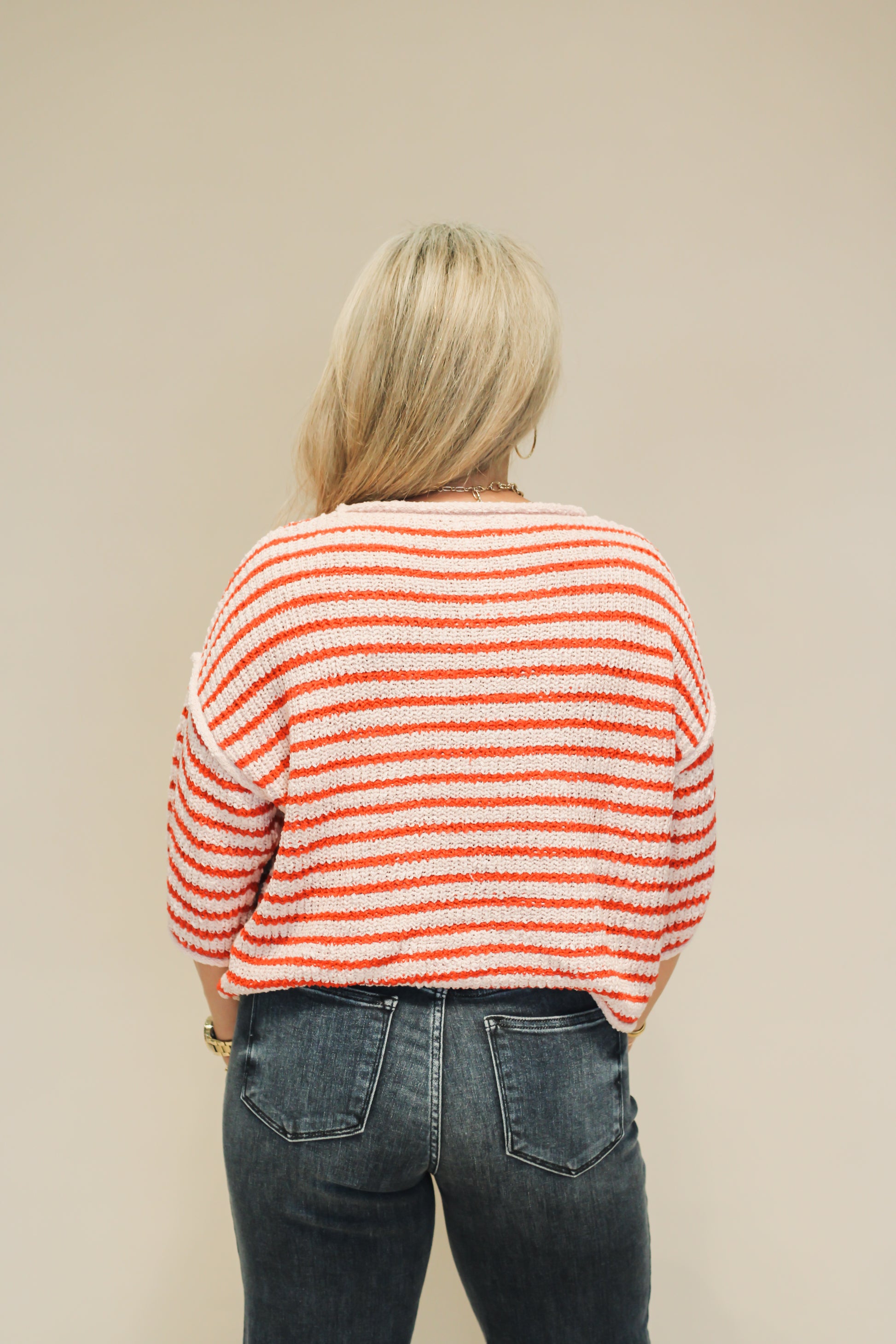 Loose Fit 3/4 Sleeve Striped Crew Neck Top