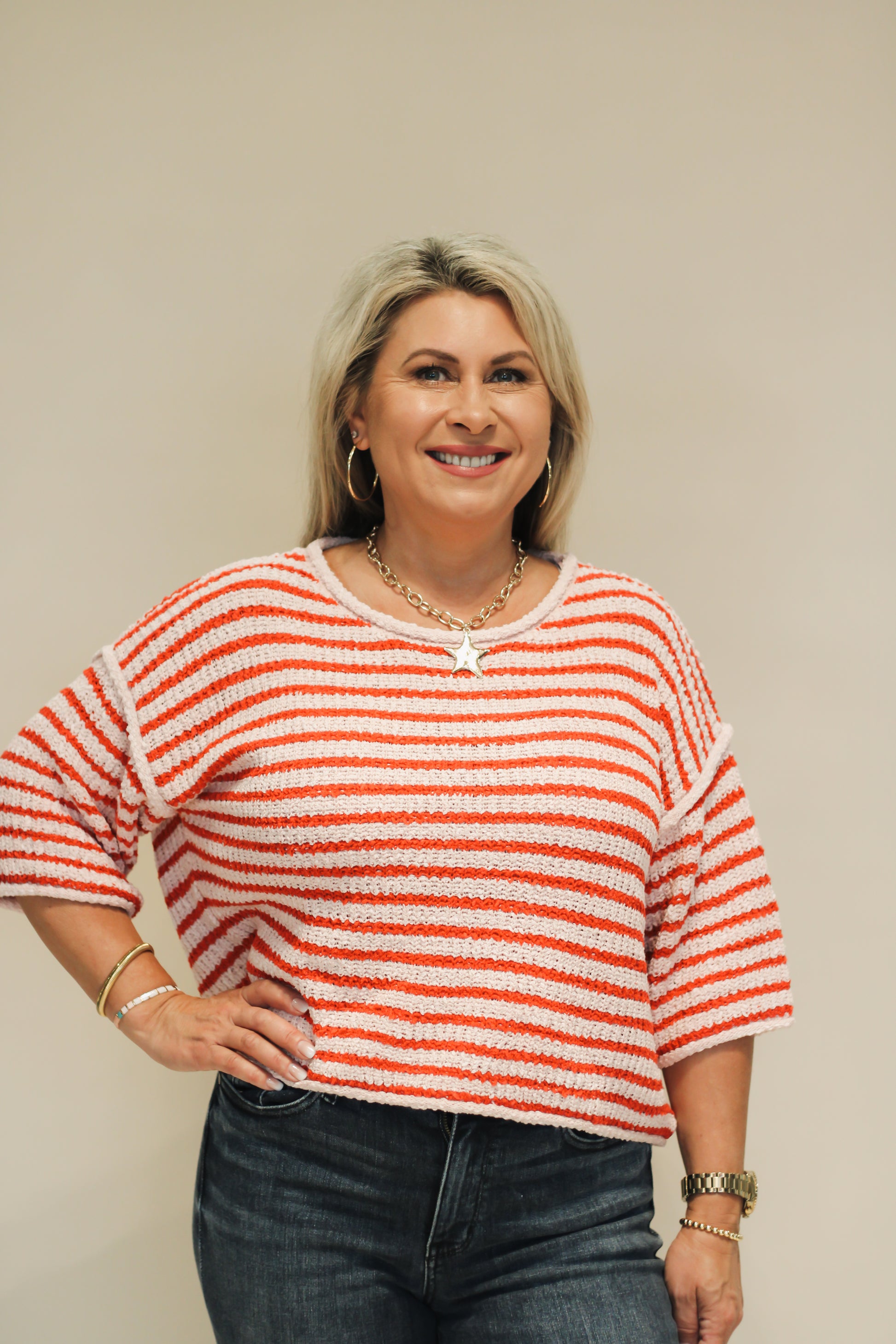 Loose Fit 3/4 Sleeve Striped Crew Neck Top