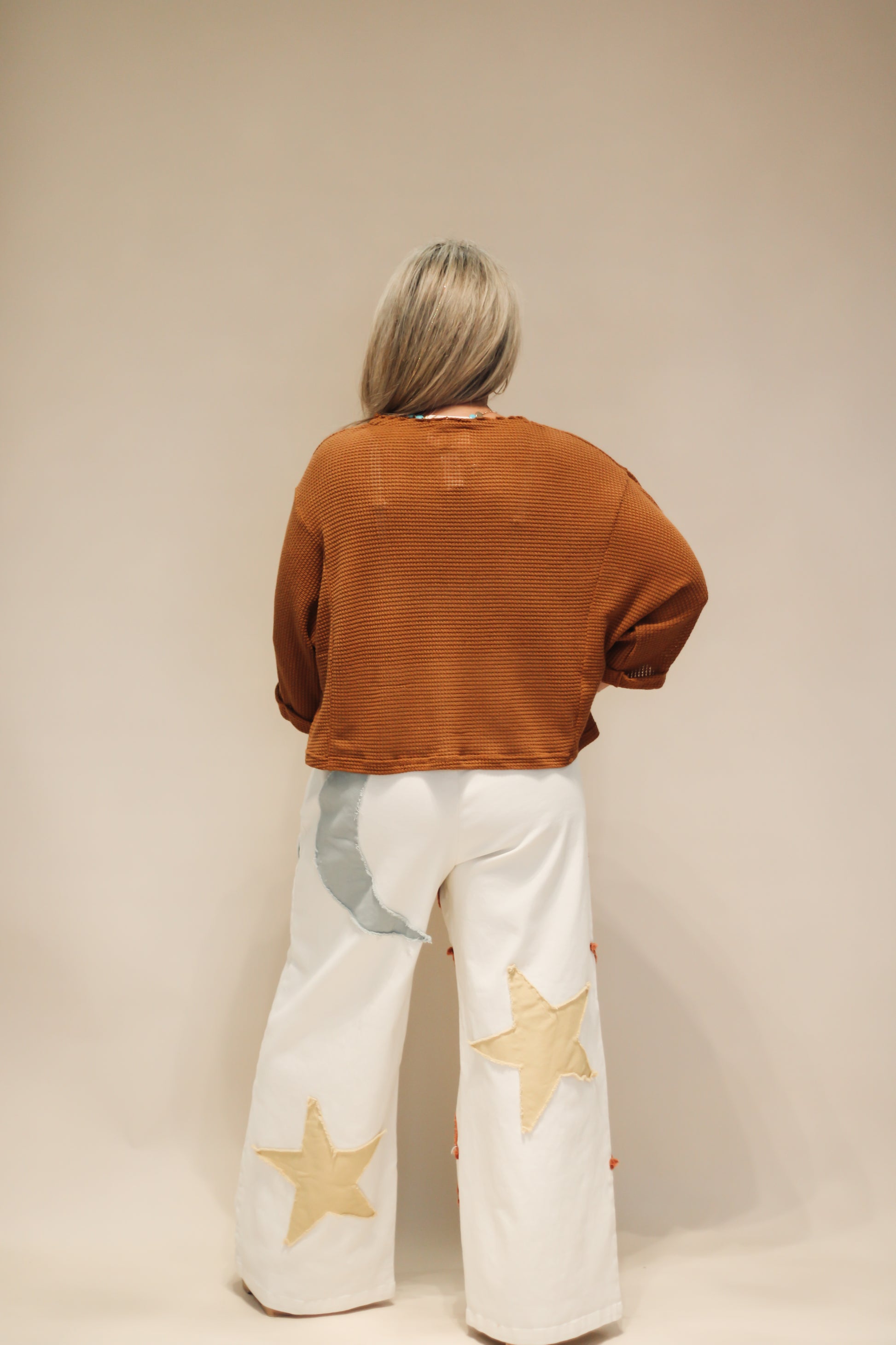 3/4 Sleeves Waffle Knit Cropped Pullover