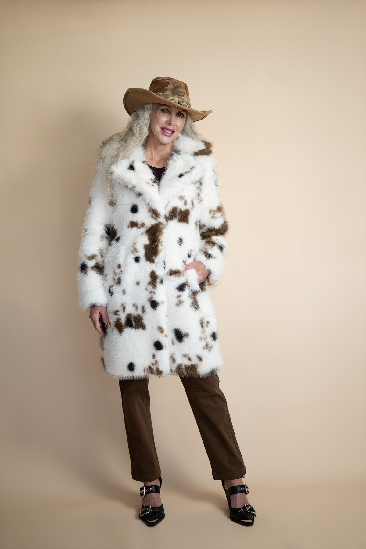 Sierra Cow Print Faux Fur Coat