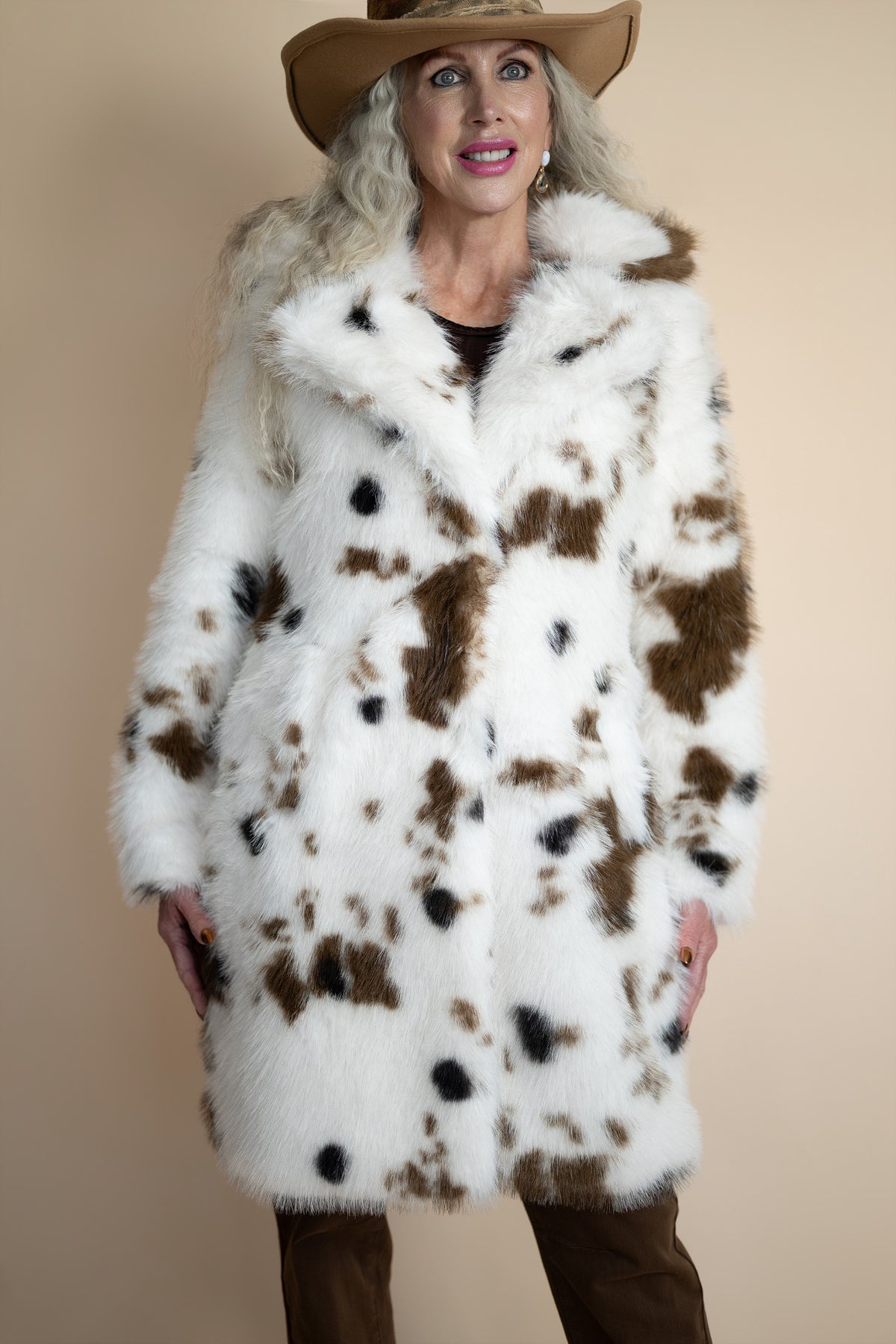 Sierra Cow Print Faux Fur Coat