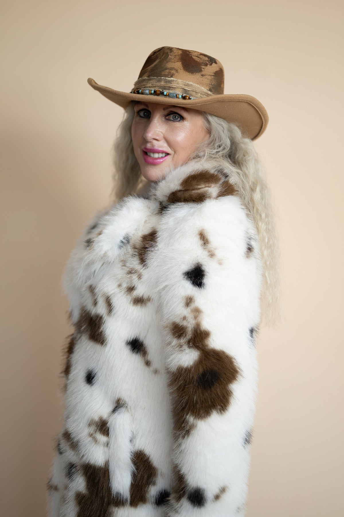 Sierra Cow Print Faux Fur Coat