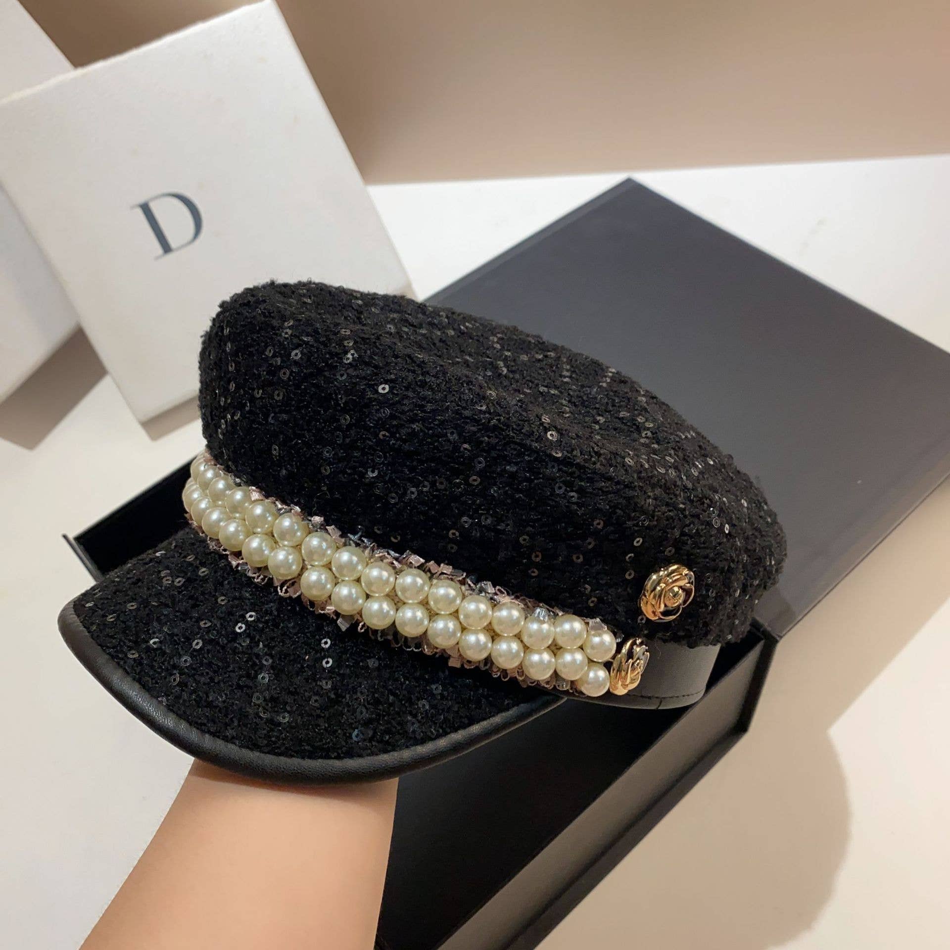 Luxury Pearl Beaded Sequin Hat in Black