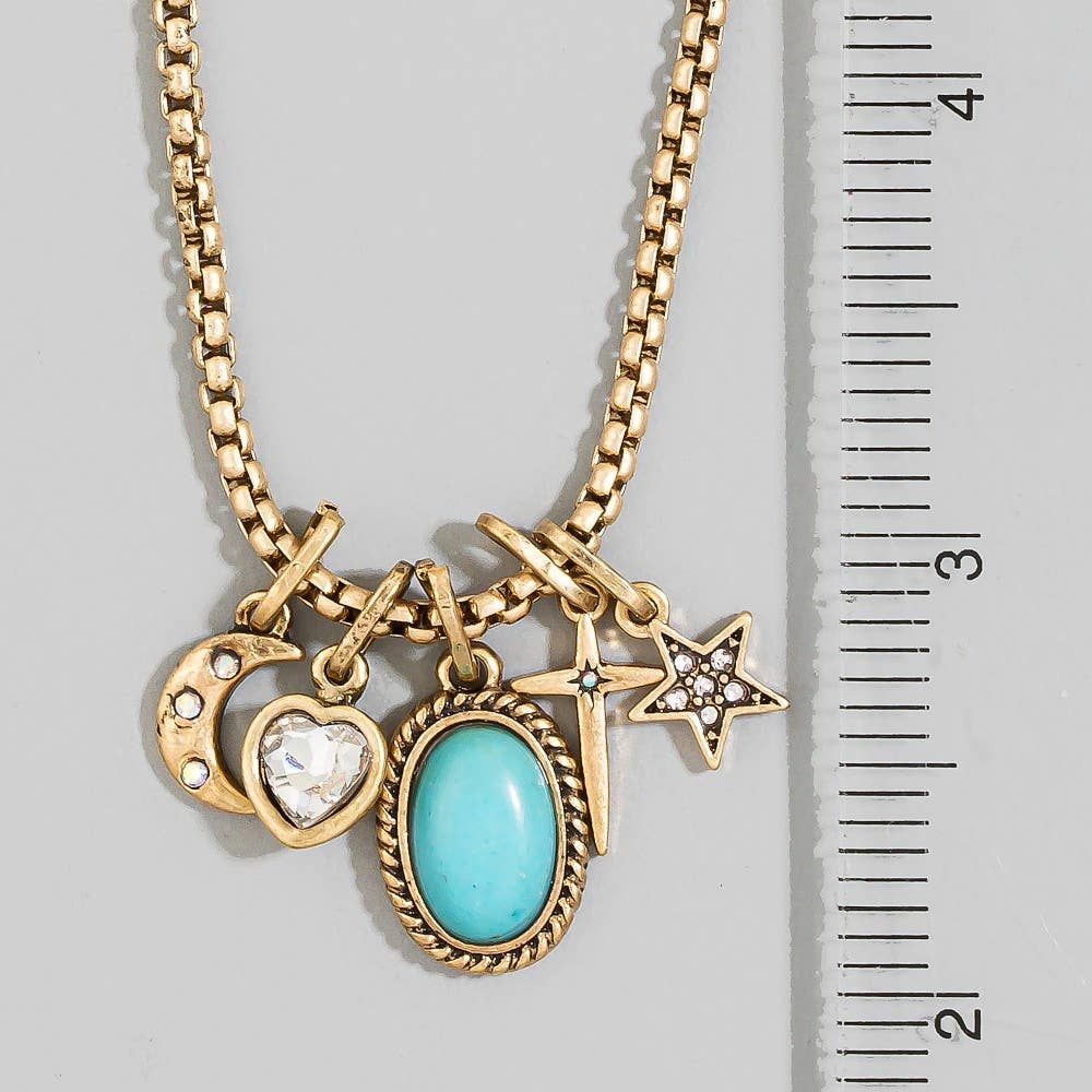 Western Turquoise & Celestial Multi-Charm Box Chain Necklace