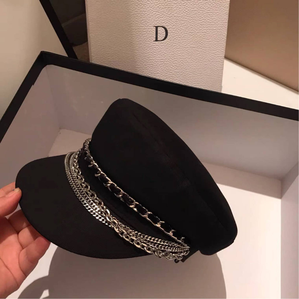 Stylish Black Baker Boy Hat with Chains