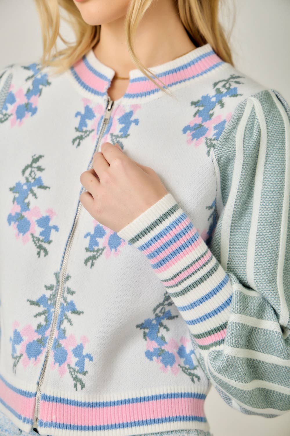 Sweater Floral Zip Bomber Jacket