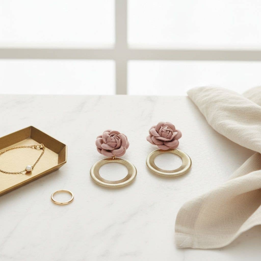 Drop Pale Pink Rose Felt Petal Ribbed Ring Earrings