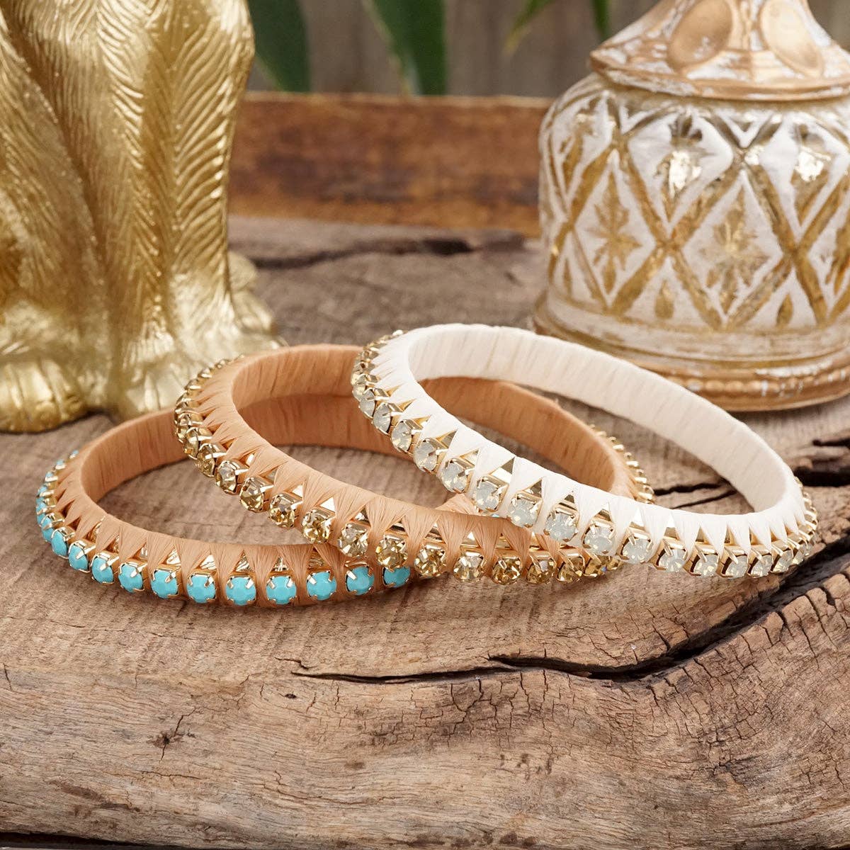 Sun Dancer – Raffia-Wrapped Bangle with Crystal Channel Accent