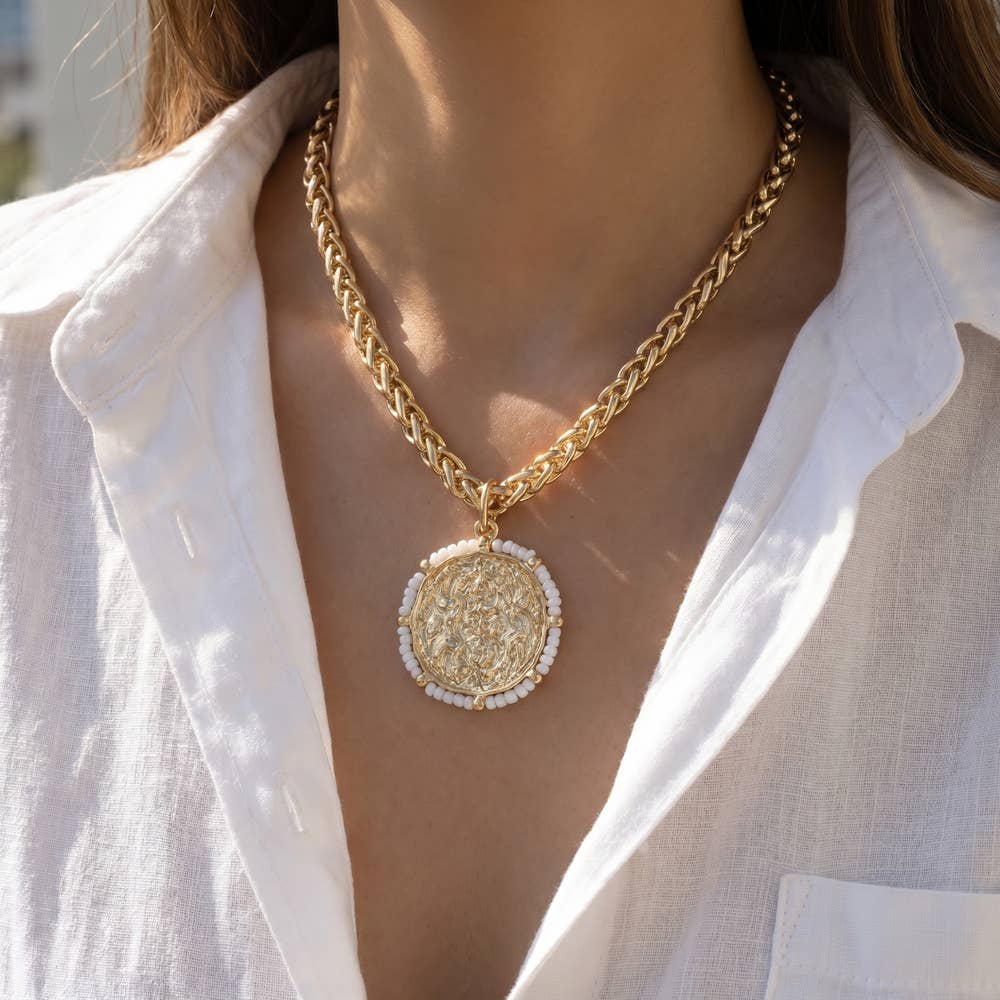 Hammered Coin Pendant Necklace With Seed Bead Rim