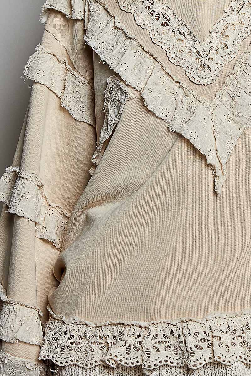 POL French Terry Eyelet Ruffle Vintage Washing Solid Knit Top