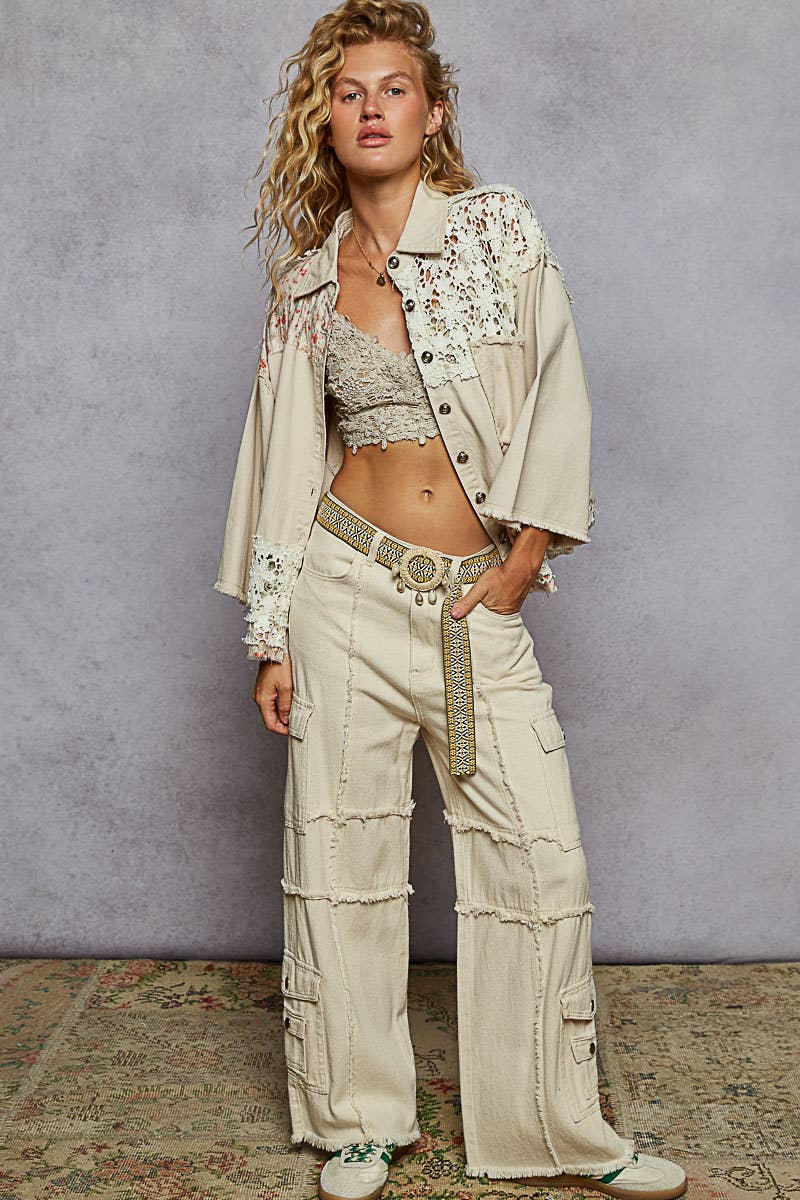 POL Floral woven print and lace contrast shacket