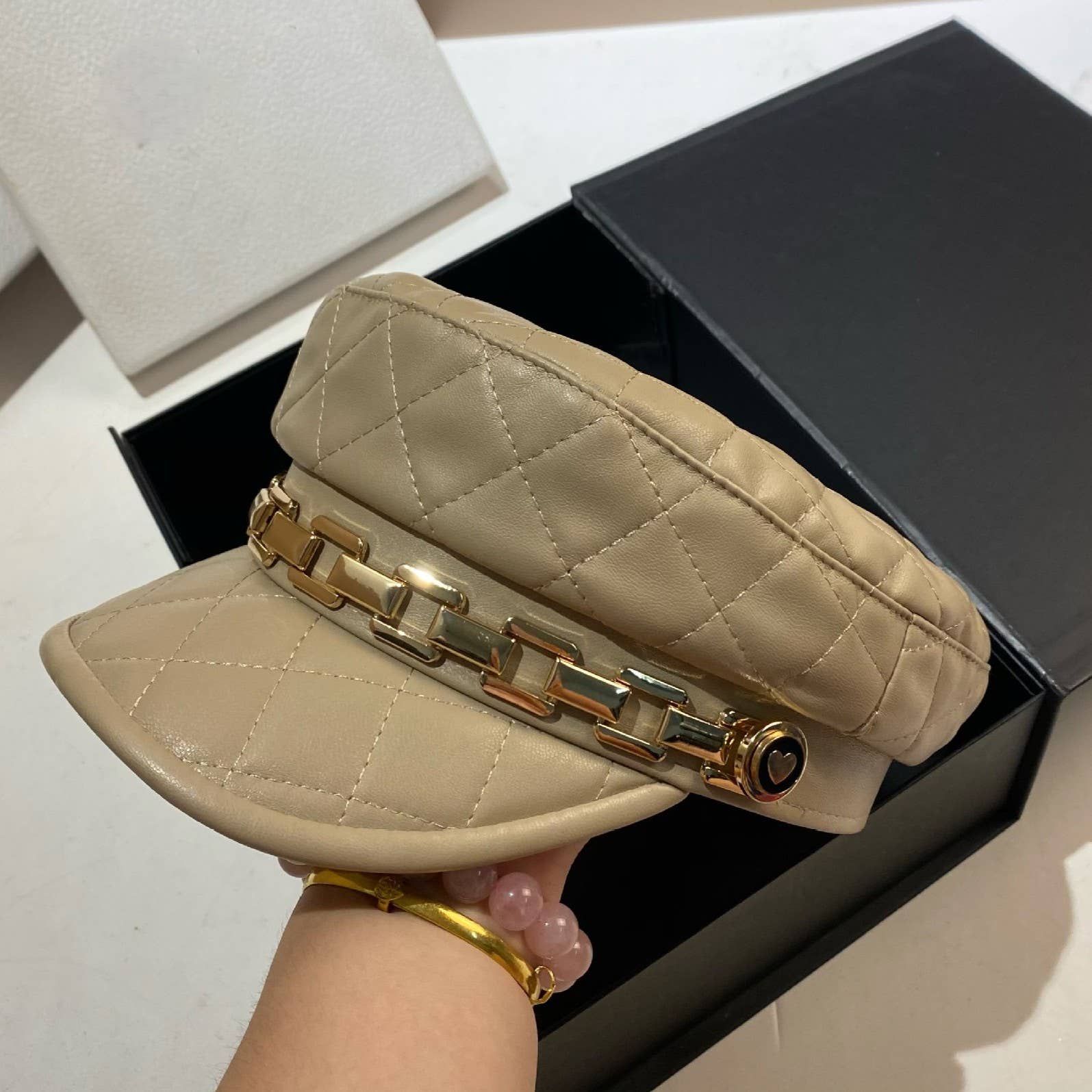 Quilted Leather Chain Detail Hat