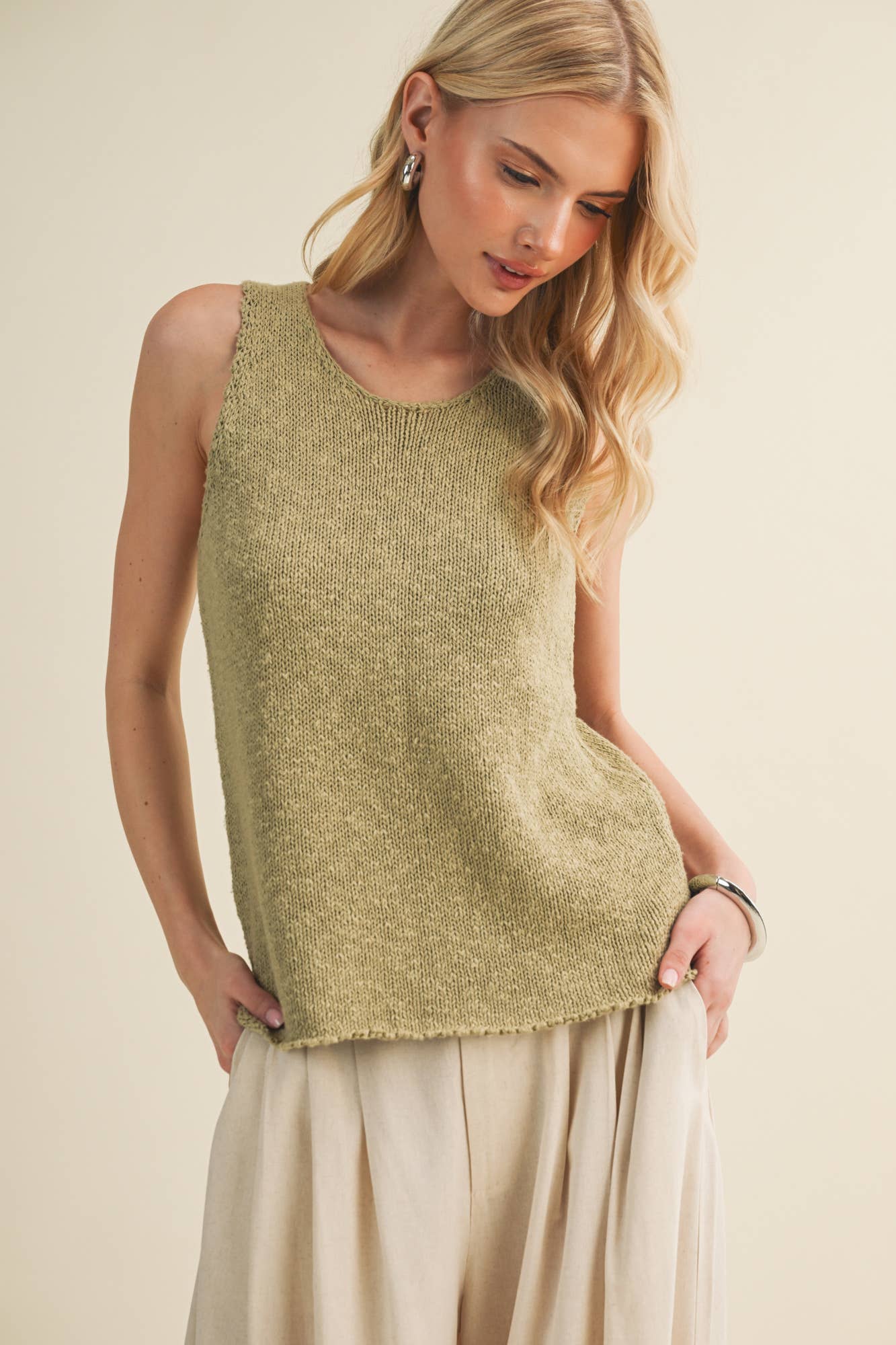 Textural Knit Raw-Edge Sleeveless Top