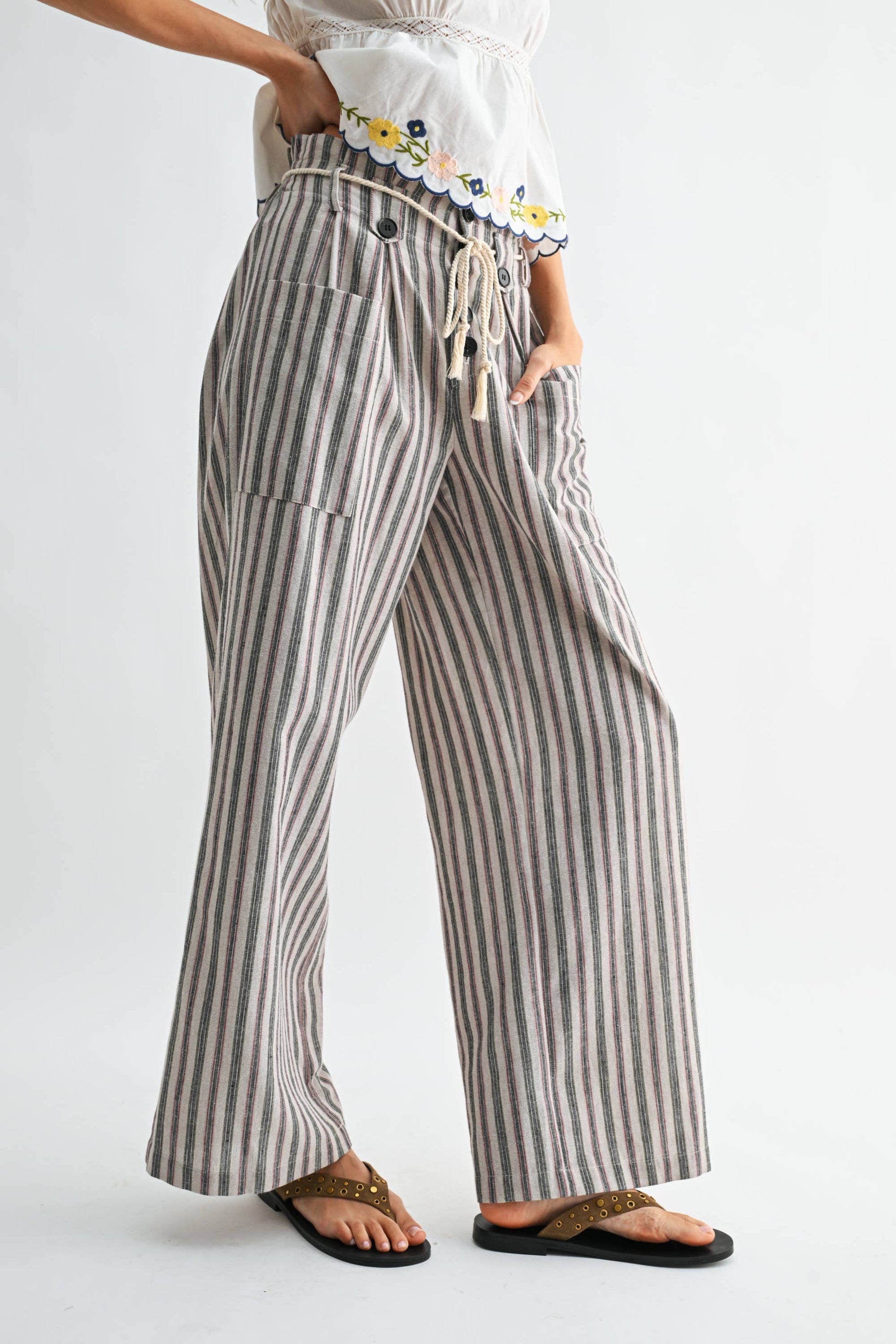 Striped Linen-Blend Wide Leg Pants with Drawstring