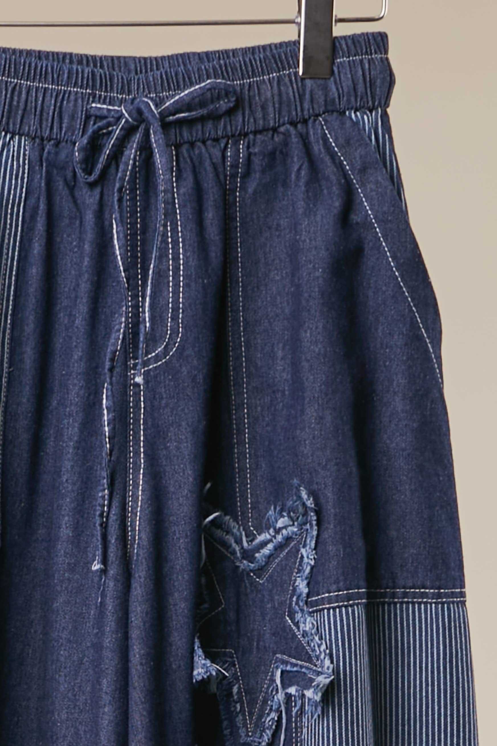 Frayed Star Patch Denim Wide Pants
