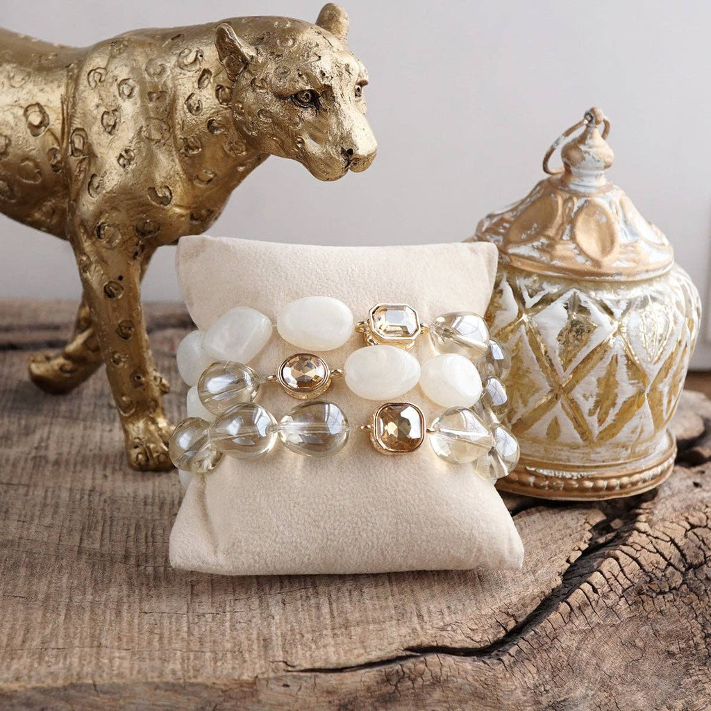 Smoky Radiance – Sculpted Bead & Crystal Stretch Bracelet Set