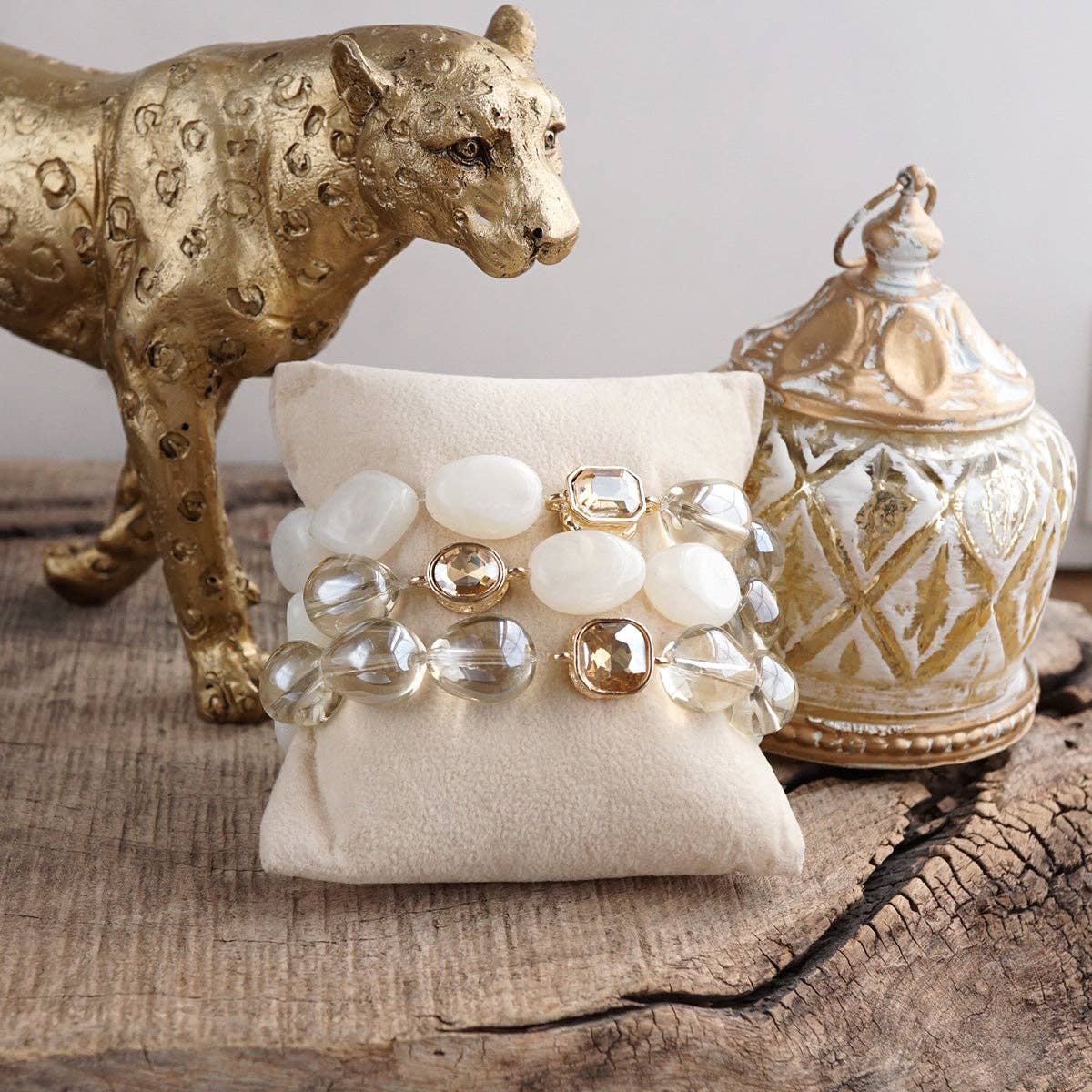 Smoky Radiance – Sculpted Bead & Crystal Stretch Bracelet Set