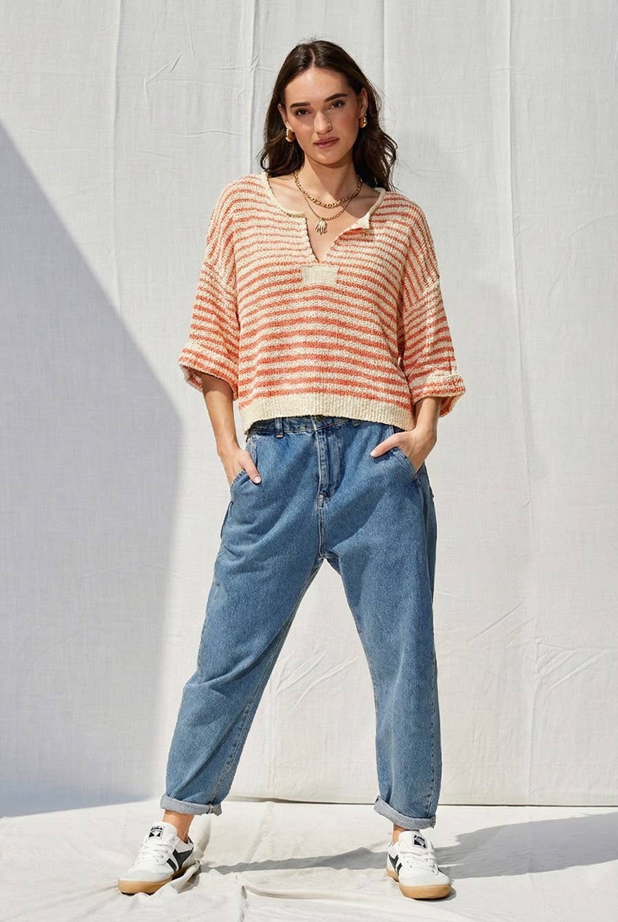 Lightweight Striped Slouchy Sweater w/ V-Neckline