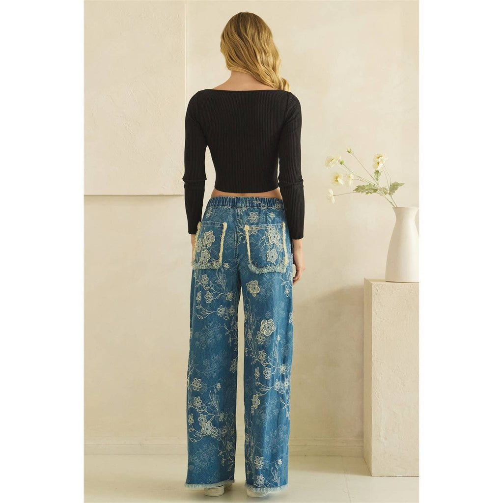 FLORAL PATCH EMBROIDERED DENIM PANTS