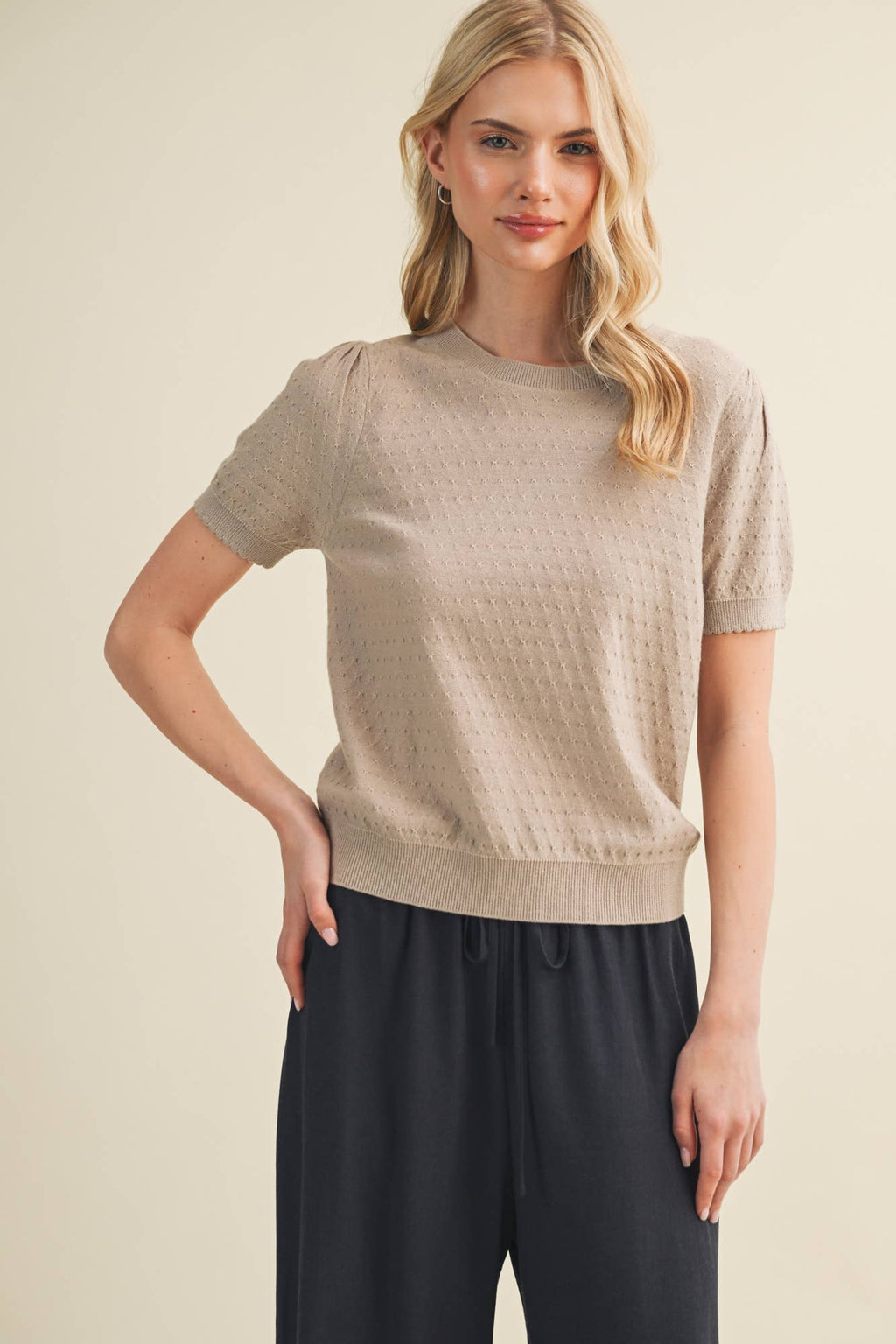 Starburst Pointelle Puff Sleeve Sweater