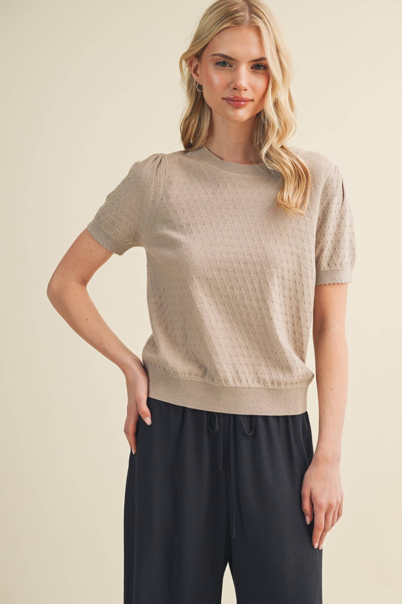 Starburst Pointelle Puff Sleeve Sweater
