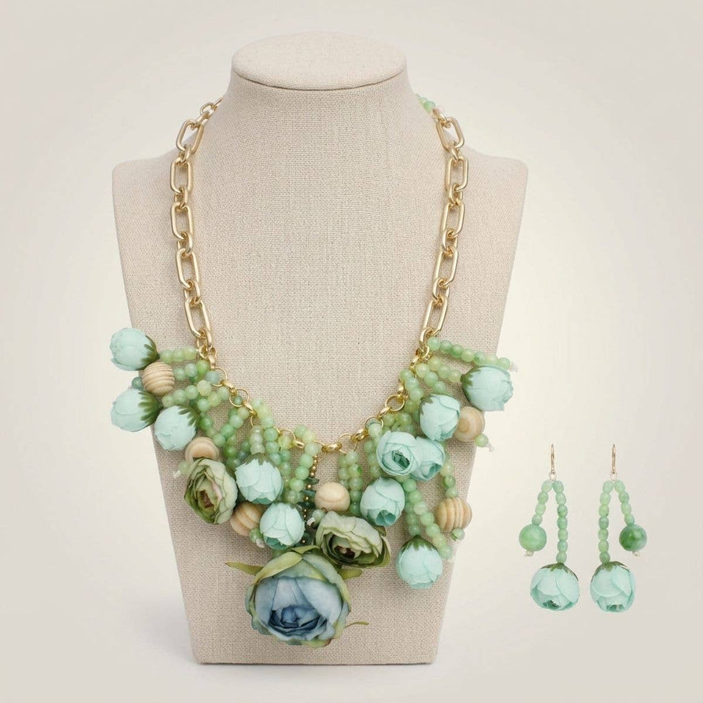 Green Floral Garden Fringe Statement Necklace