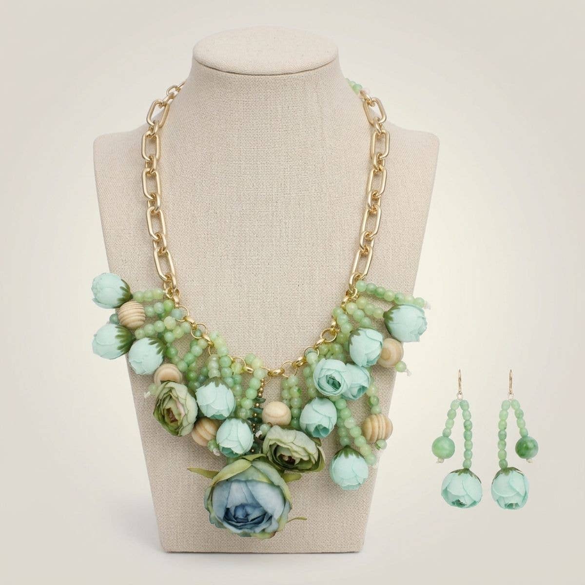 Green Floral Garden Fringe Statement Necklace