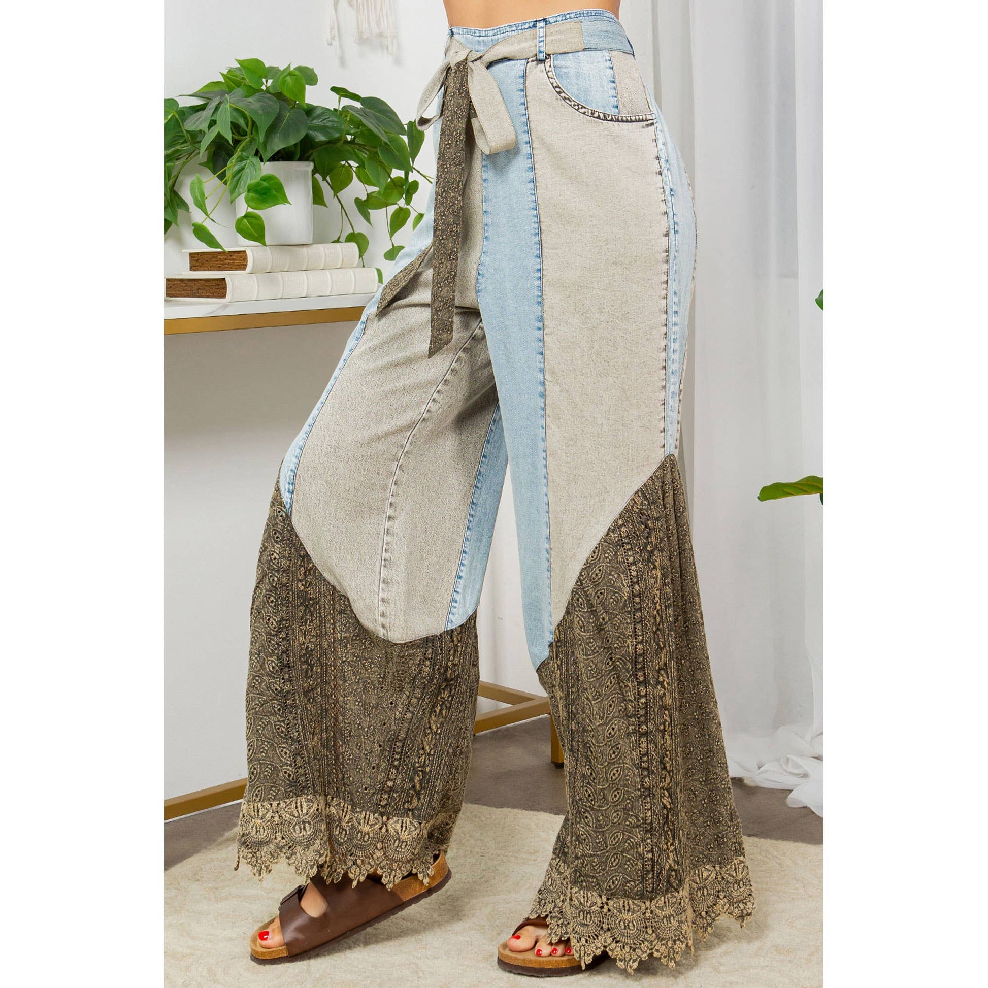 Boho Lace Rhapsody Denim and Lace Flare Pants