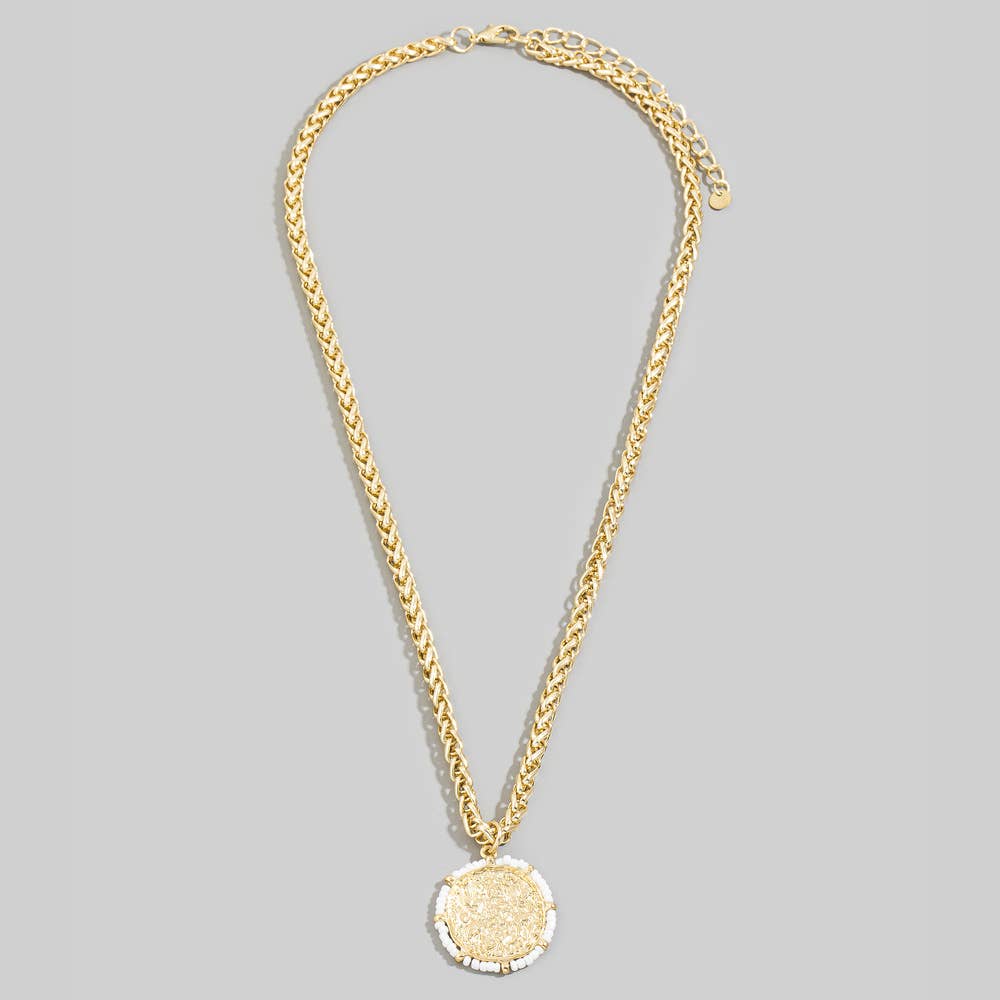 Hammered Coin Pendant Necklace With Seed Bead Rim