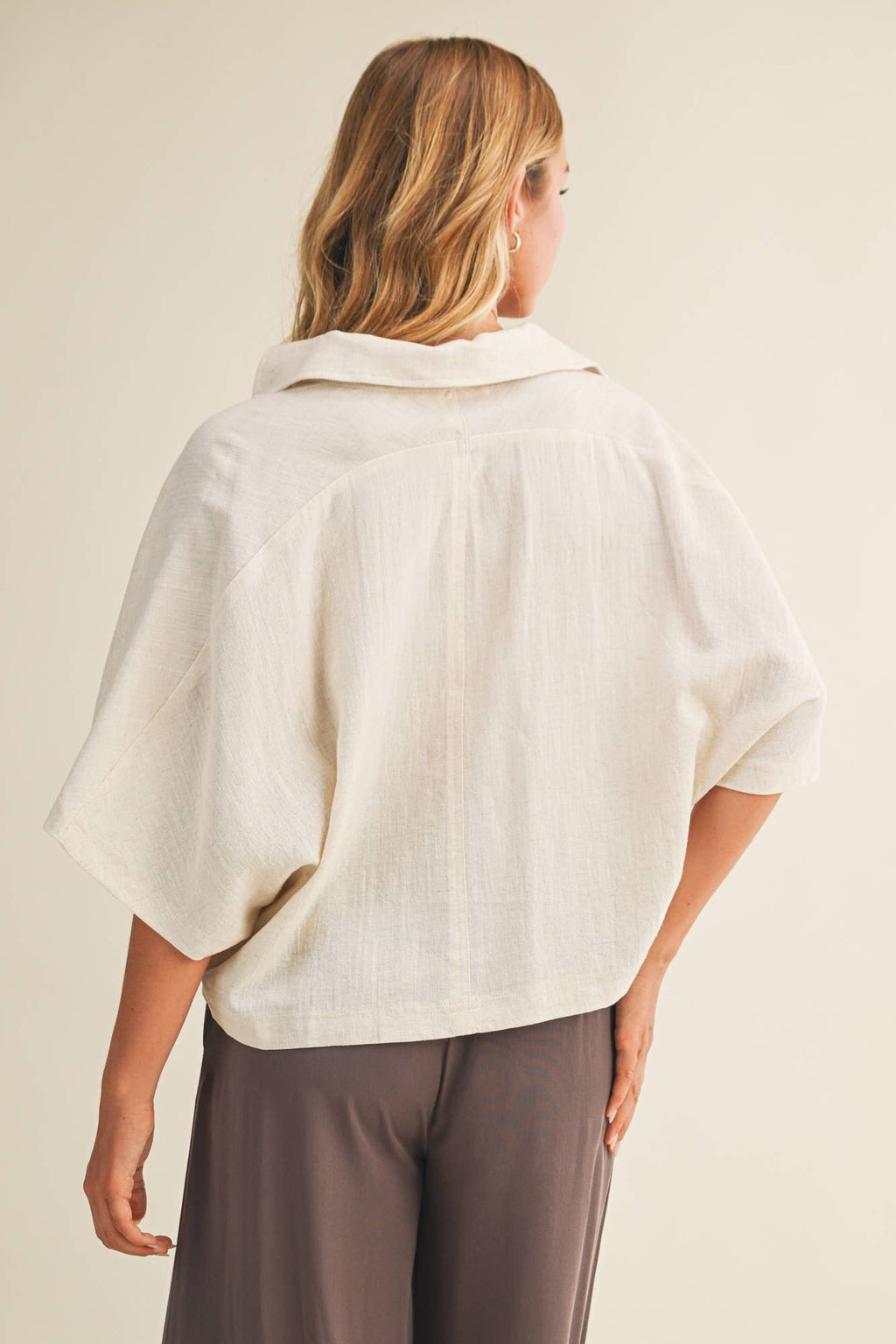 Textured Drape Sleeve Collared Blouse