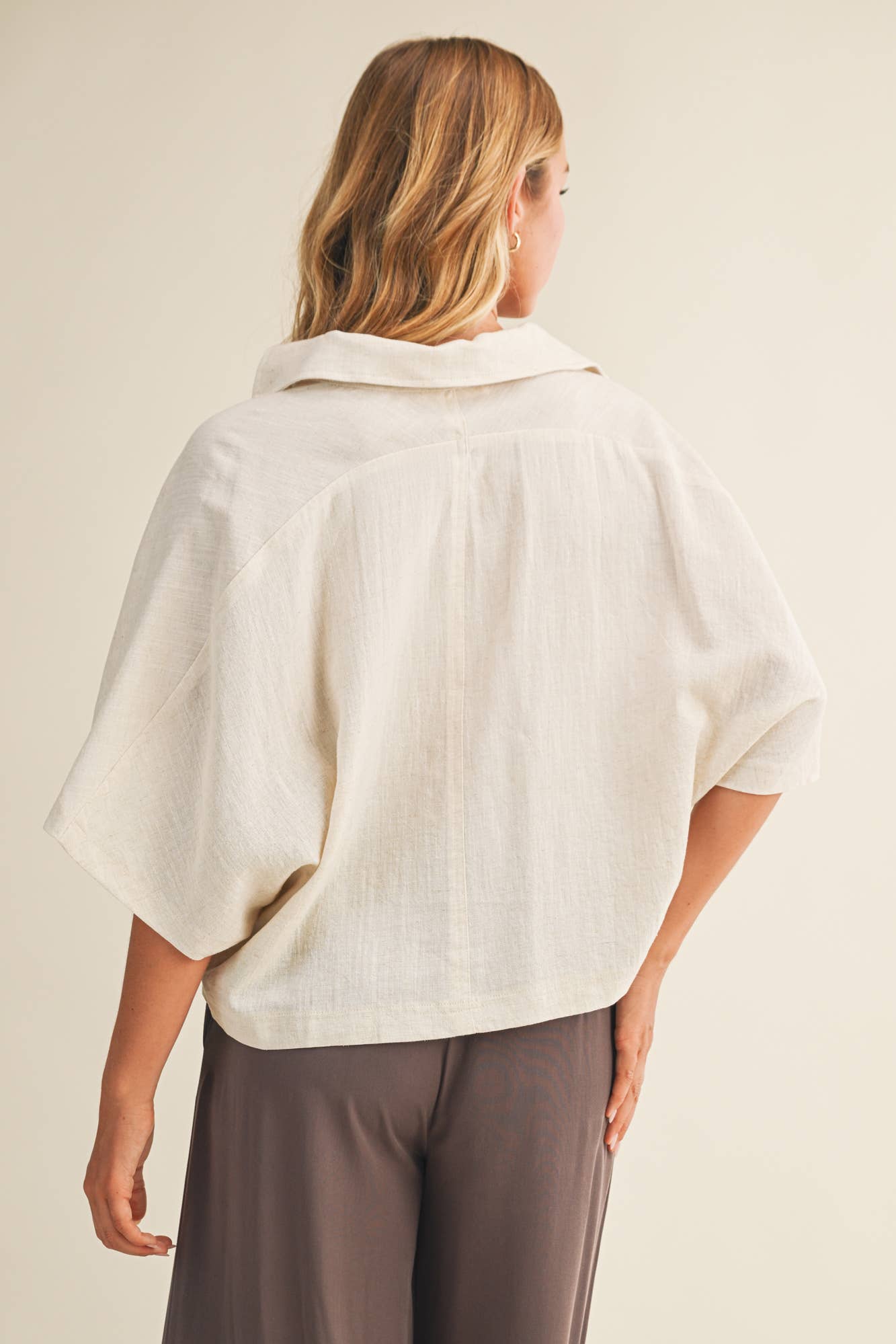 Textured Drape Sleeve Collared Blouse