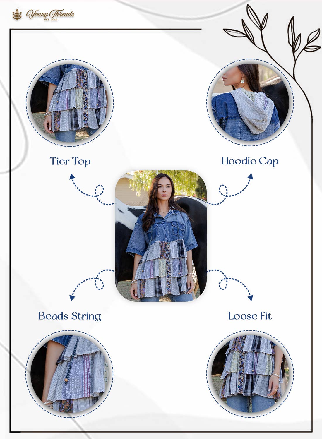 Boho Summer Hooded Denim Button Down Shirt with Playful Mixed Ruffles