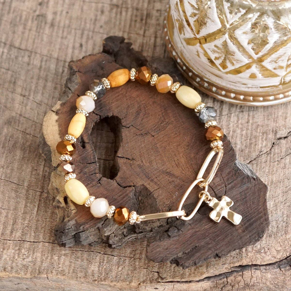 Beaded Cross Charm and Chain Bracelet - Azure Faith