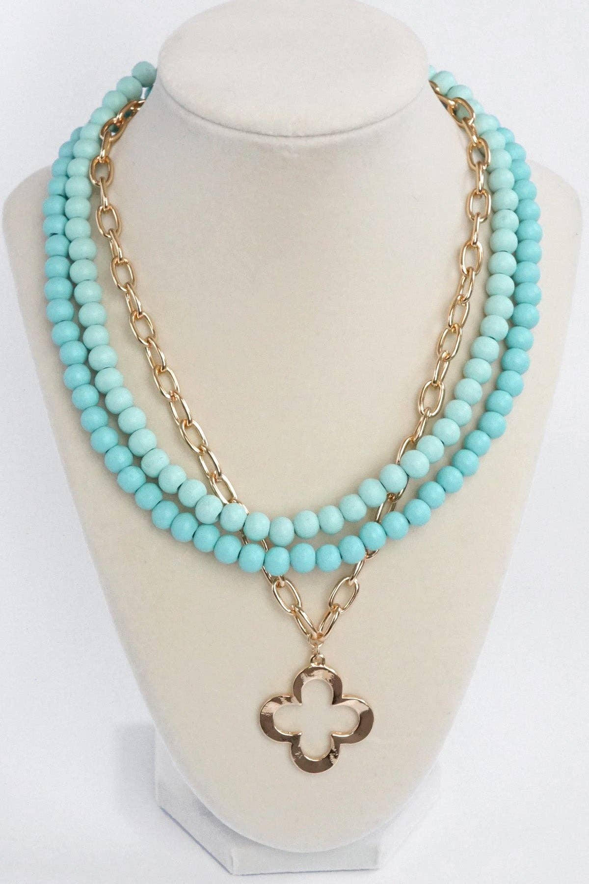Short Necklace Wooden Beads Clover paperclip chain - Green