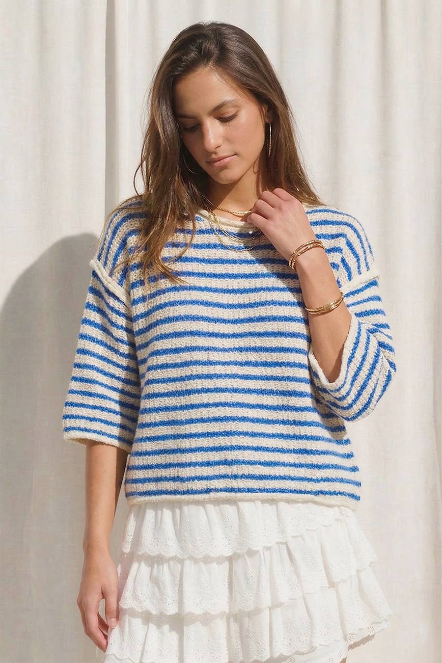 Loose Fit 3/4 Sleeve Striped Crew Neck Top