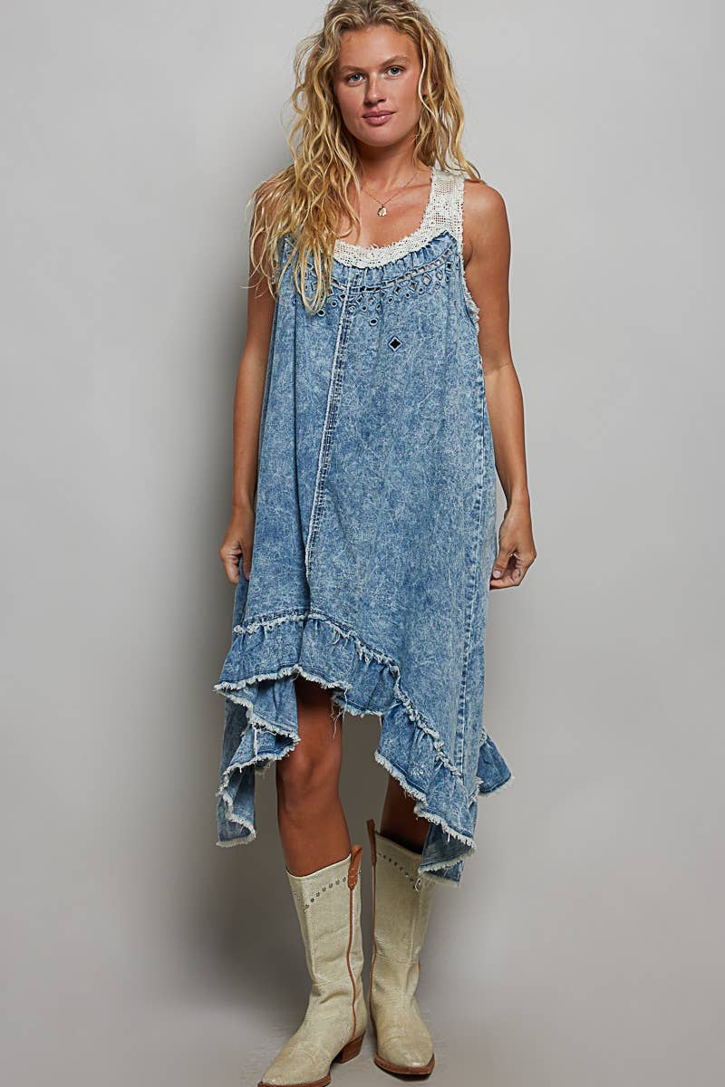 Casual Crochet Patch Sleeveless Denim Dress