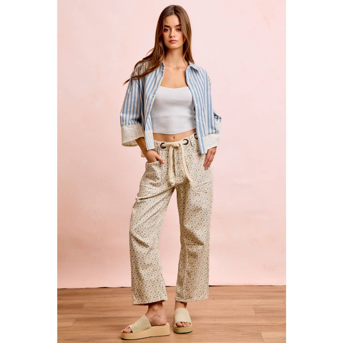 BRAIDED WAIST BELT PATCH POCKETS FLORAL PRINT PANT