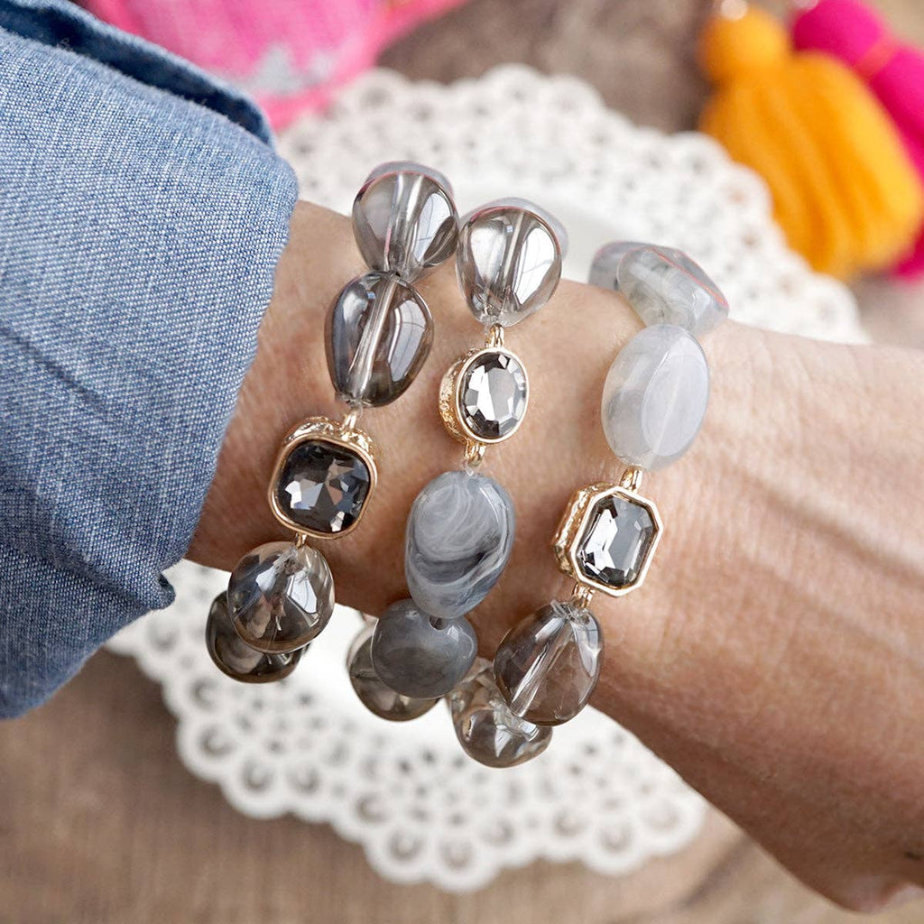 Smoky Radiance – Sculpted Bead & Crystal Stretch Bracelet Set