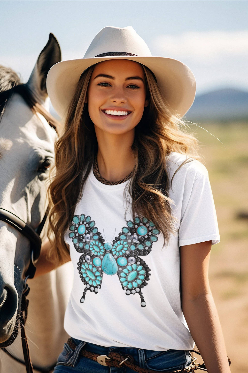 Turquoise Butterfly Western Tee, T-shirt, Tank, Sweatshirt