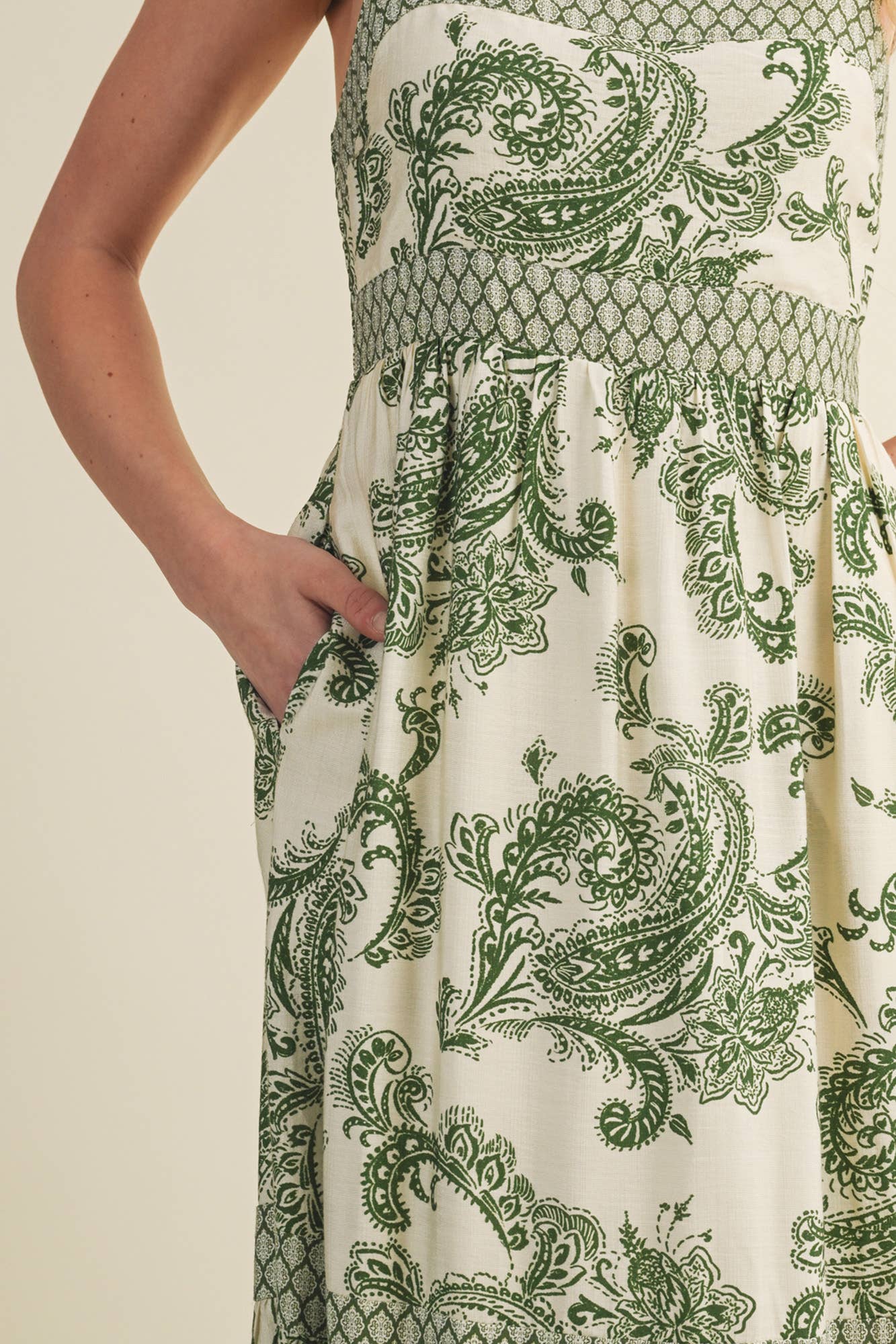 Banded Paisley Print Tiered Maxi Dress
