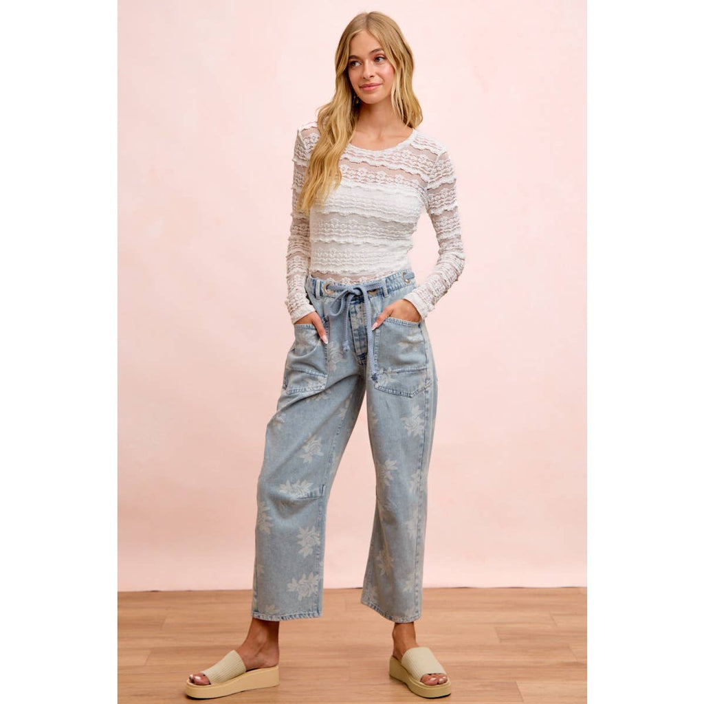 ROSE PRINTED WASHED DENIM PANTS WITH WAIST BELT