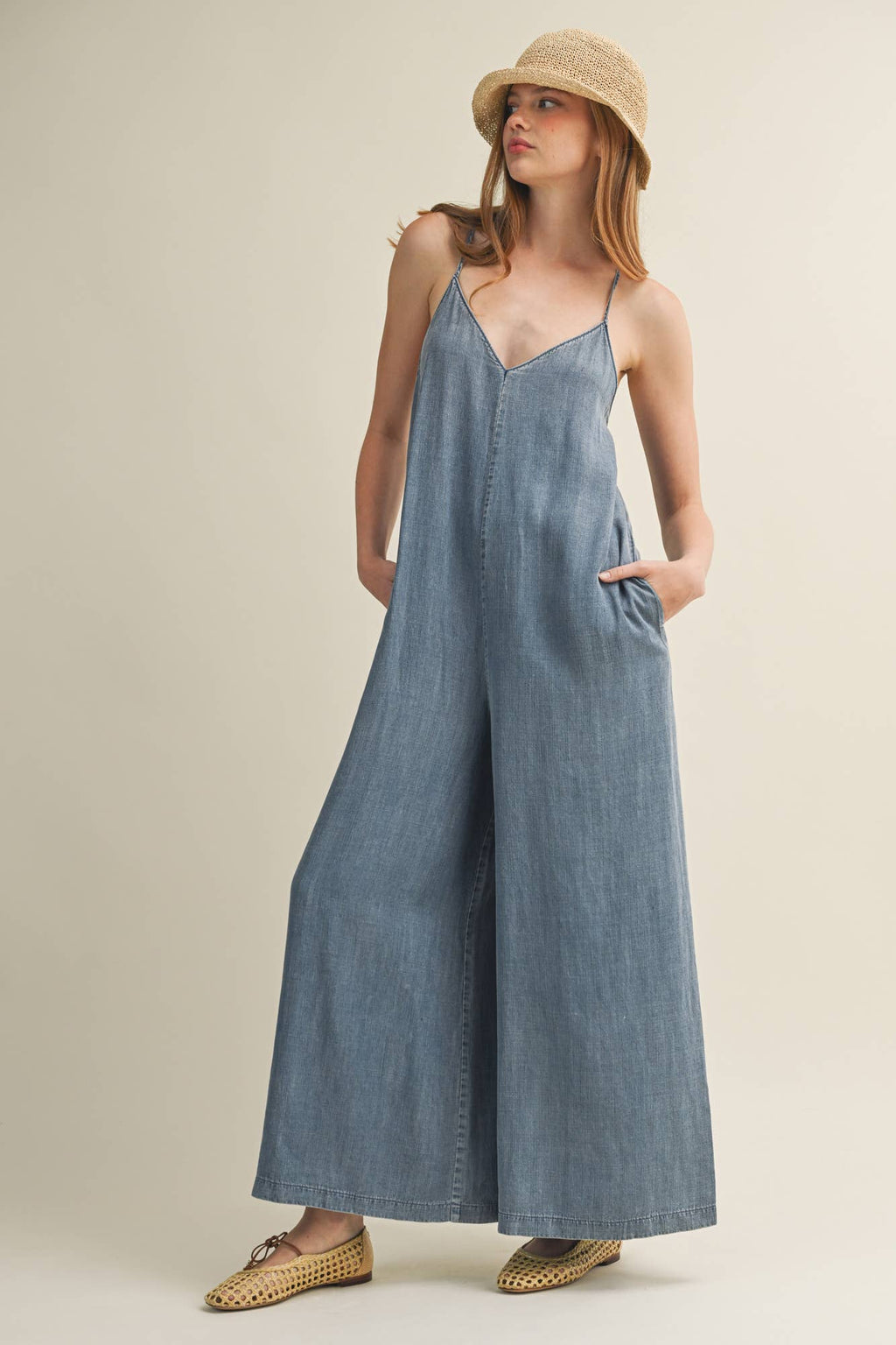 V-Neck Cami Washed Wide-Leg Jumpsuit